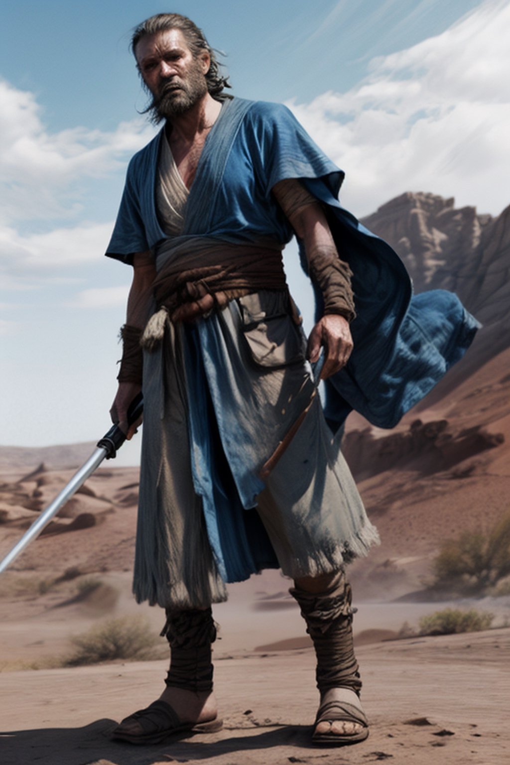 grizzled jedi warrior, full beard, tattered tan and blue robes, wandering the desert,perfecteyes,no_humans