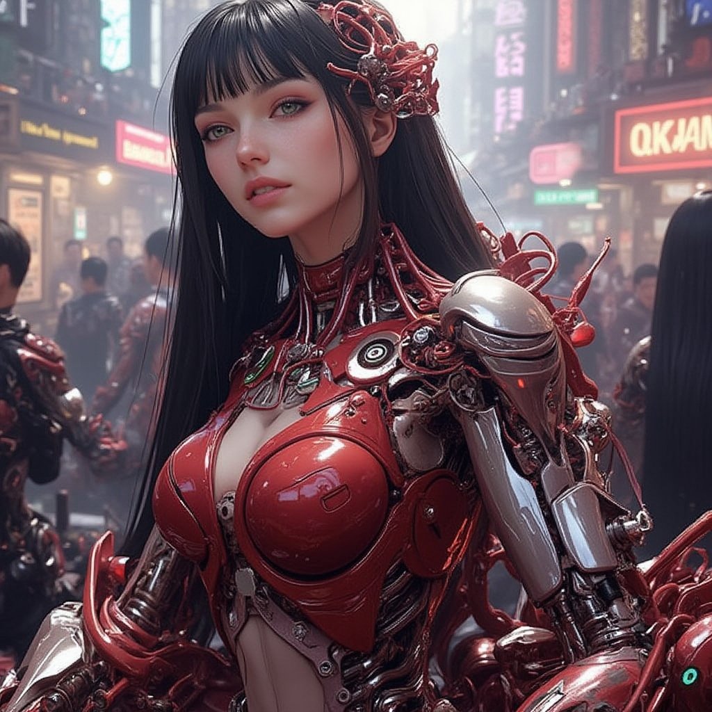 ((Create a full-body portrait of a cyborg implant woman using divine proportions)), in the setting of a densely populated neon futuristic city, integrating advanced art influences of ((Gil Elvgren, Art Frahm, Fritz Willis)), and the hyper-realistic style of Makoto Shinkai), known for making anime look completely real. Her skin will be milky paled colored. Her eyes emerald green. Her long straight ebony hair blowing in the wind as the explosions are going off. Her tight fitting, ripped to shreds, red bodysuit is conpletely obliterated at the left shoulder where  a cybernetic left arm is separating into segments to expose a blaster inside the arm. Flashes of neon lighting inside the arm. This portrait should not only capture the serenity and intensity of the combined artistic styles but also bridge the gap between abstract art and hyper-realistic anime, resulting in a modern, ethereal finish that celebrates the beauty of the human form in divine proportions." Amplify pastel tones, enhance light/shadow interplay for depth, intensify hair-fluidity contrast against abstract backdrop | Focus on softening edges, adding light flares for mystical ambiance, refine textures for realism | #EtherealFinish #Image2ImageEnhancement #MysticalAmbiance #TextureRefinement" highly realistic, realistic portrait, anatomically correct, realistic photograph, real colors, award winning photo, detailed face, realistic eyes, beautiful, sharp focus, high resolution, volumetric lighting, incredibly detailed, masterpiece, breathtaking, exquisite, great attention to skin and eyes, Bokeh:2 Filmic: Super-Resolution Microscopy, Depth of Field, Long Exposure: Excessively-dimensional: Soft Body, Oil, Ray Traced, Ray Tracing Ambient Occlusion, Post Processing, Tone Mapping(((Art style of wlop))) golden hour, neon color grading tilt shift, Best quality)), ((masterpiece)), (detailed:1.4), 3D, HDR (High Dynamic Range),Ray Tracing,NVIDIA RTX,Super-Resolution,Unreal 5,Subsurface scattering,PBR Texturing,Post-processing,Anisotropic Filtering,Depth-of-field,Maximum clarity and sharpness,Multi-layered textures,Albedo and Specular maps,Surface shading,Accurate simulation of light-material interaction,Perfect proportions,Octane Render,Two-tone lighting,Wide aperture,Low ISO,White balance,Rule of thirds,blad4,cyborg_master_v002