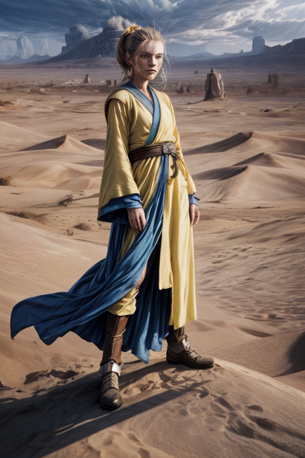 pretty padawan, jedi warrior, yellow and blue robes, wandering the desert