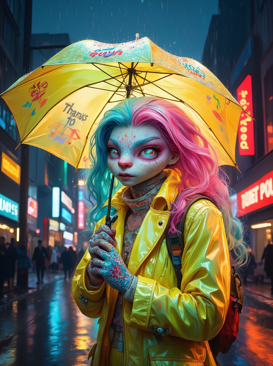 (masterpiece, artistic), (Hyper realism, ultra detailed), (top quality), a dynamic angle captures a fantastic and beautiful creature under a beautiful rain on an illuminated night. The creature has velvety and soft colorful hair, wearing a fluorescent suit with hyper-detailed colored accessories, holding an umbrella with the (text ("Thanks for 10K") lighting up). The scene is rendered in maximum sharpness, HDR, and UHD 8k, showcasing the intricate details and vibrant colors of the creature, suit, and illuminated umbrella.
