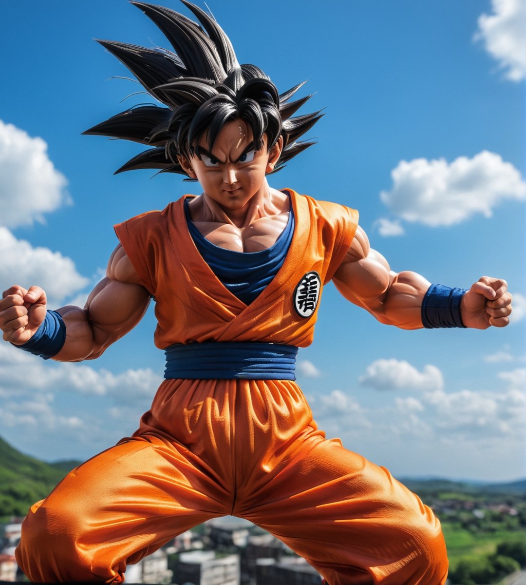 Hyper detailed photograph taken in "action" with Canon PowerShot G7 x Mark III, (dynamic pose), character from the "Dragon Ball" series Goku, (hyper realistic skin), in super warrior mode, ultra realistic style, realistic cinema lighting, (looking towards the sky), perfect contrast colorful, ultra sharp, professional focus, more detail XL,dragon ball