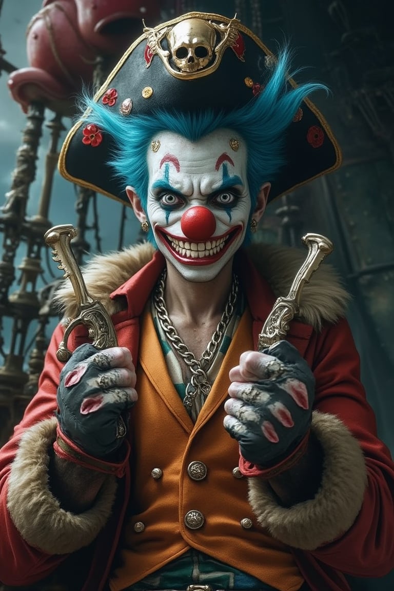 (Best quality), (Intricate fantastic details), Create a Hyper realistic photo of Buggy from 'One Piece,' portrayed by Jeff Ward. Pale skin, (red clown nose), wild blue hair in pigtails, and blue face paint. He wears a pirate captain's outfit with an orange and white striped shirt, a fur-lined coat, and a large pirate hat with a skull symbol. In each hand, Buggy (wears gloves with knives protruding from between his fingers). Capture his chaotic energy in various poses and angles. Scenes include a pirate ship deck, a stormy ocean, and a dark carnival. Focus on intense expressions, knife-wielding gloves, and playful menace., UHD 8k, perfect HDR, Cinematic Lighting