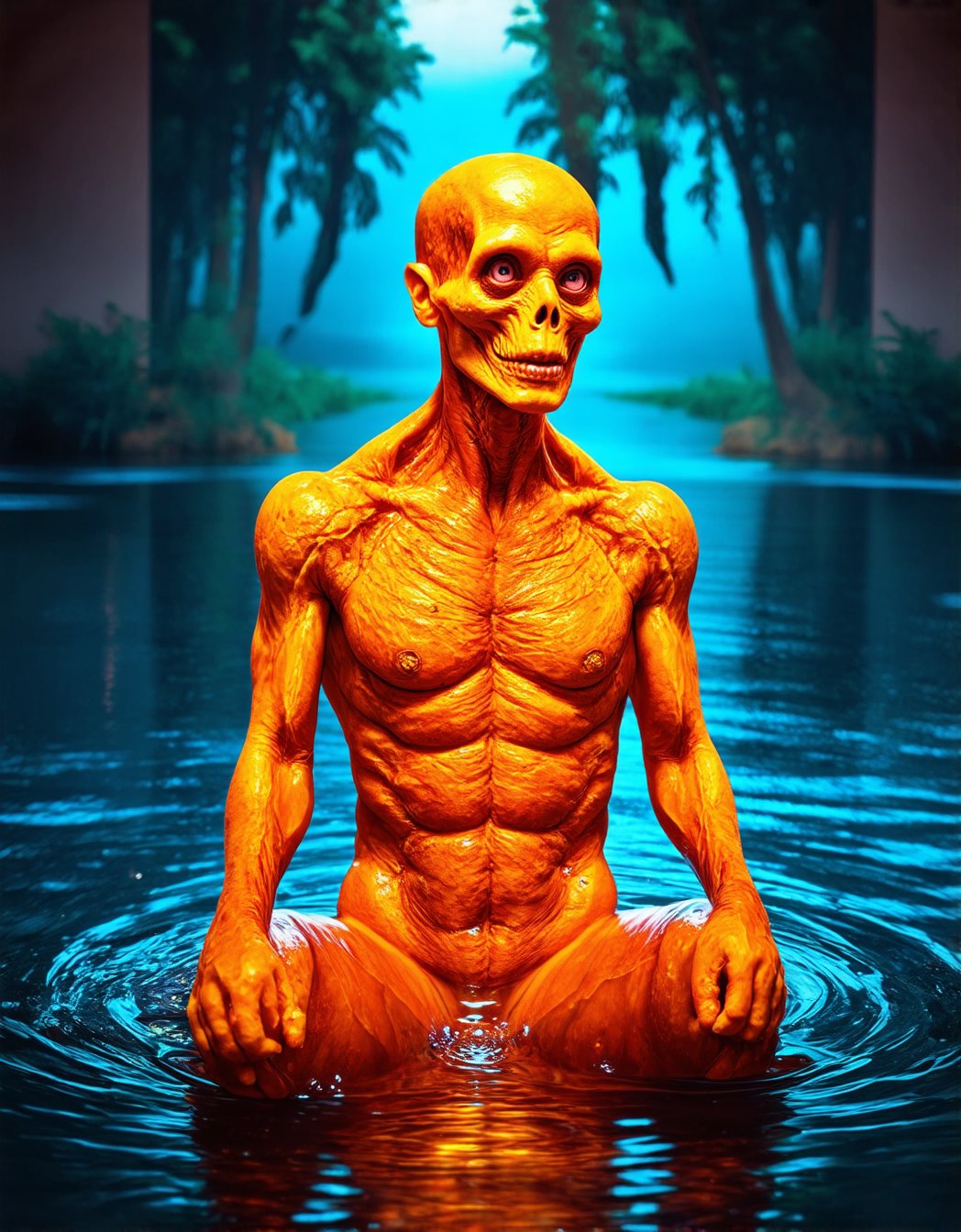 Ultra-realistic, hyper detailed and sharp photographic representation of a majestic body of human creature, in the style of Bioluminescent crystal liquid, vray tracing, raw character, 32k uhd, schlieren photography, conceptual medium body, creating a colorful and contrasting atmosphere, in a lake of a (Antique house), (vivid colors), (perfect contrast)