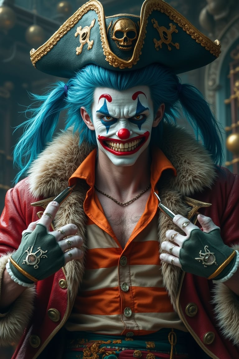 (Best quality), (Intricate fantastic details), Create a Hyper realistic photo of Buggy from 'One Piece,' portrayed by Jeff Ward. Pale skin, (red clown nose), wild blue hair in pigtails, and blue face paint. He wears a pirate captain's outfit with an orange and white striped shirt, a fur-lined coat, and a large pirate hat with a skull symbol. In each hand, Buggy (wears gloves with knives protruding from between his fingers). Capture his chaotic energy in various poses and angles. Scenes include a pirate ship deck, a stormy ocean, and a dark carnival. Focus on intense expressions, knife-wielding gloves, and playful menace., UHD 8k, perfect HDR, Cinematic Lighting