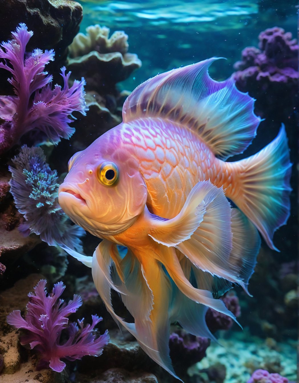 (Best quality) ,A photographic shot of a beautiful Corazón sangrante (Lamprocapnos spectabilis), with vibrant colors ranging from electric colors, (perfect contrast), (ultra detailed), (hdr resolution), gracefully glides through a magical aquatic environment. The aquarium is decorated with exotic underwater plants that glow in neon hues, crystalline rock formations, and small bubbles slowly rising to the surface. The lighting in the aquarium is soft and ethereal, with purple and turquoise tones enhancing the colors of the fish and its surroundings. The camera used is a high-resolution DSLR with a 100mm macro lens to capture every minute detail of the fish's scales and fins. The shot is taken at the fish's eye level, with a sharp focus on its bright colors and the captivating underwater landscape around it