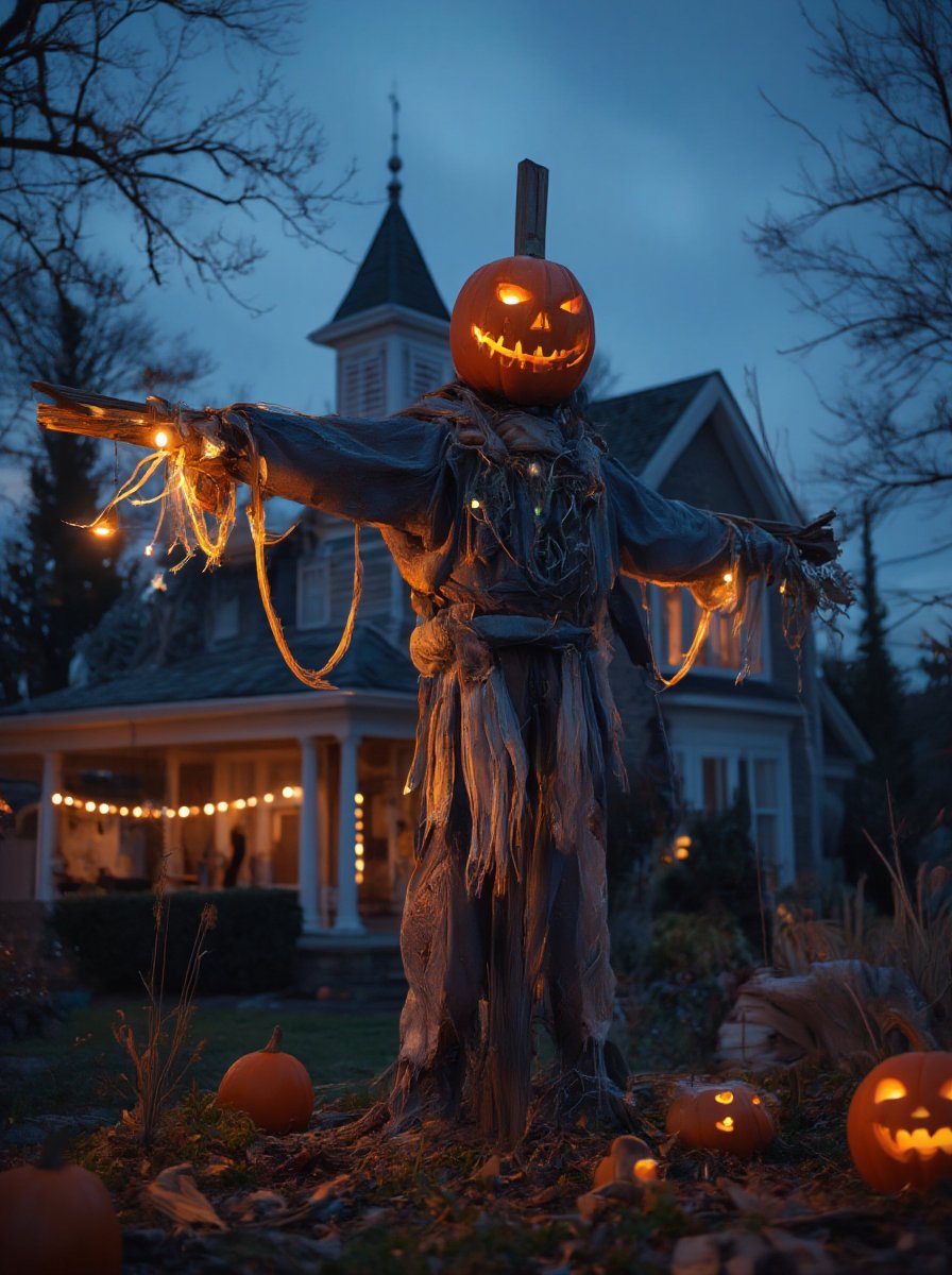 (masterpiece, artistic), (hyperrealism, ultra detailed), (premium quality), At dusk, nailed to the ground in the shape of a cross, stands a detailed and realistic scarecrow, with a creepy smiling pumpkin head, with intricate details in the suit of old hoops, 20 meters from a sinister house decorated for Halloween, the colors vibrate ultra-realistically. Focus with maximum sharpness, HDR and UHD 8k.
