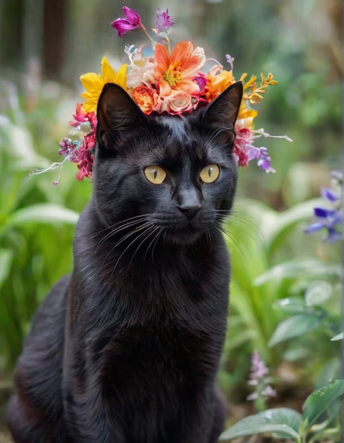 (Best quality), A (photographic shot) (Close up) of a majestic black cat, very blurry, ((made completely of flowers)), (Composite and flower skull), perfect contrast, (ultra detailed), (hdr resolution), a wild environment is shown and with vegetation, with exotic tropical plants that shine in neon tones, rock formations in the distance. (Beautiful natural lighting) at dusk. The camera used is a high resolution DSLR with a 100mm macro lens to capture every detail of the flower petals. The photograph is (taken at a dynamic angle), with a (sharp focus) on its bright colors and the captivating landscape that surrounds it.