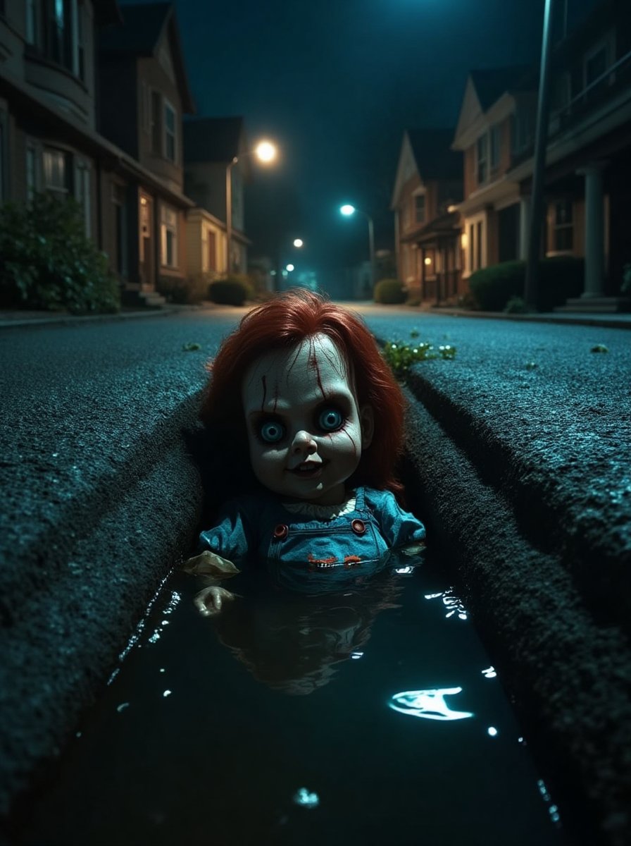 (Top realism), (Best quality), Hyper detailed photography, perfectly focused, maximum sharpness, captures the maximum realism of a sewer on a sinister road, with houses on the sides, (half the body of a creepy doll) protrudes from the sewer, intricate details in his terrifying face and his eyes, nightmare atmosphere on a perfectly lit night, cinematic style,  UHD 8k., 80horror