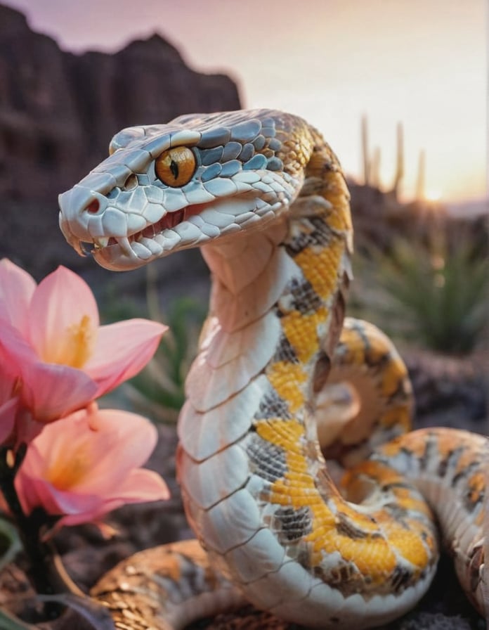 (Best quality), A (photographic shot) of (awe-inspiring snake) with muscular body, amber eyes, bronze brown armored scales, venomous fangs, coiling tail, gemstone-studded scales frills, set in a barren desert wasteland, with cracked earth and the remains of ancient structures, a place of mystery and danger, at dawn, ((made completely of flowers)), (Composite and flower skull), perfect contrast, (ultra detailed), (hdr resolution), a wild environment is shown and with vegetation, with exotic tropical plants that shine in neon tones, rock formations in the distance. (Beautiful natural lighting) at dusk. The camera used is a high resolution DSLR with a 100mm macro lens to capture every detail of the flower petals. The photograph is (taken at a dynamic angle), with a (sharp focus) on its bright colors and the captivating landscape that surrounds it.