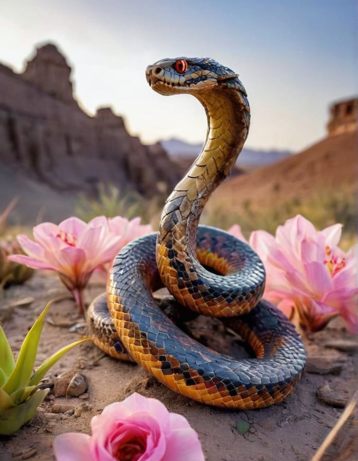 (Best quality), A (photographic shot) of (awe-inspiring snake) with muscular body, amber eyes, bronze brown armored scales, venomous fangs, coiling tail, gemstone-studded scales frills, set in a barren desert wasteland, with cracked earth and the remains of ancient structures, a place of mystery and danger, at dawn, ((made completely of flowers)), (Composite and flower skull), perfect contrast, (ultra detailed), (hdr resolution), a wild environment is shown and with vegetation, with exotic tropical plants that shine in neon tones, rock formations in the distance. (Beautiful natural lighting) at dusk. The camera used is a high resolution DSLR with a 100mm macro lens to capture every detail of the flower petals. The photograph is (taken at a dynamic angle), with a (sharp focus) on its bright colors and the captivating landscape that surrounds it.