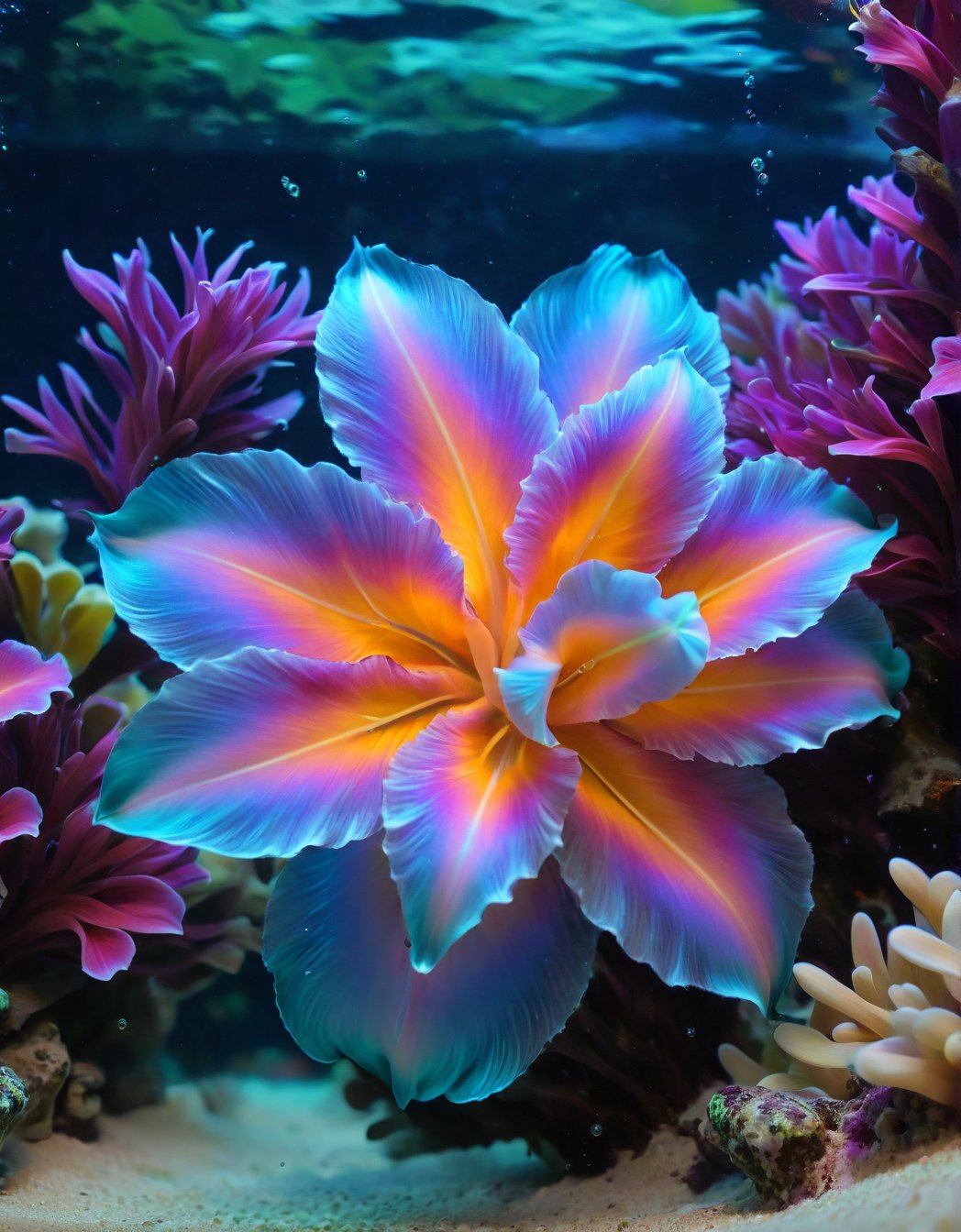 (Best quality) ,A photographic shot of a beautiful flower "Corazón sangrante" (Lamprocapnos spectabilis), with vibrant colors ranging from electric colors, (perfect contrast), (ultra detailed), (hdr resolution), gracefully glides through a magical aquatic environment. The aquarium is decorated with exotic underwater plants that glow in neon hues, crystalline rock formations, and small bubbles slowly rising to the surface. The lighting in the aquarium is soft and ethereal, with purple and turquoise tones enhancing the colors of the fish and its surroundings. The camera used is a high-resolution DSLR with a 100mm macro lens to capture every minute detail of the flower's scales and fins. The shot is taken at the anatomy flower, with a sharp focus on its bright colors and the captivating underwater landscape around it