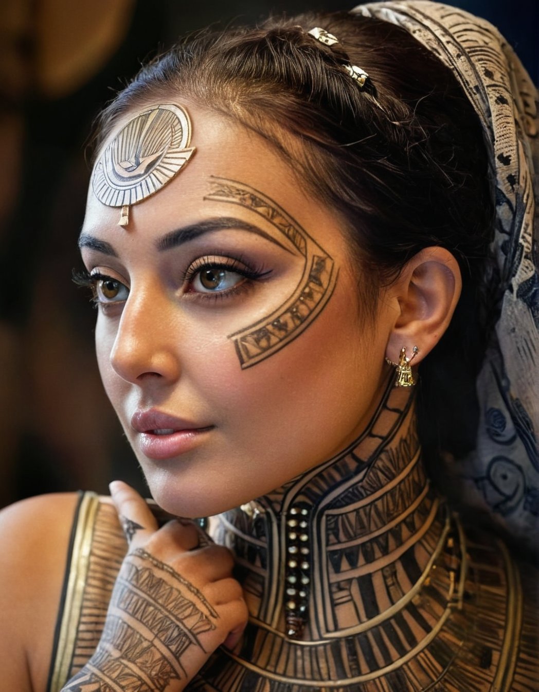 A (striking and highly detailed) portrait (medium shot) from an (original and captivating angle) of a (beautiful Egyptian woman) adorned in (traditional Egyptian attire). The image of her centers on her (intricate tattoo) with (Egyptian motifs) extending gracefully from her (her neck) to her (her face). Hers (soft, golden light) accentuates hers (real features) and hers (elaborate details) (tattoo and clothing), creating a portrait (fascinating and culturally rich).,GlowingTat,Extremely Realistic