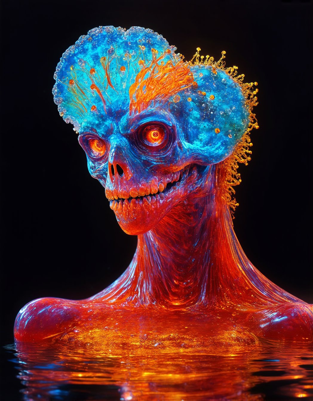 Ultra-realistic, hyper detailed and sharp photographic representation of a majestic body of human creature, in the style of Bioluminescent crystal liquid, vray tracing, raw character, 32k uhd, schlieren photography, conceptual medium body, creating a colorful and contrasting atmosphere, in a lake of a (Antique house), (vivid colors), (perfect contrast)