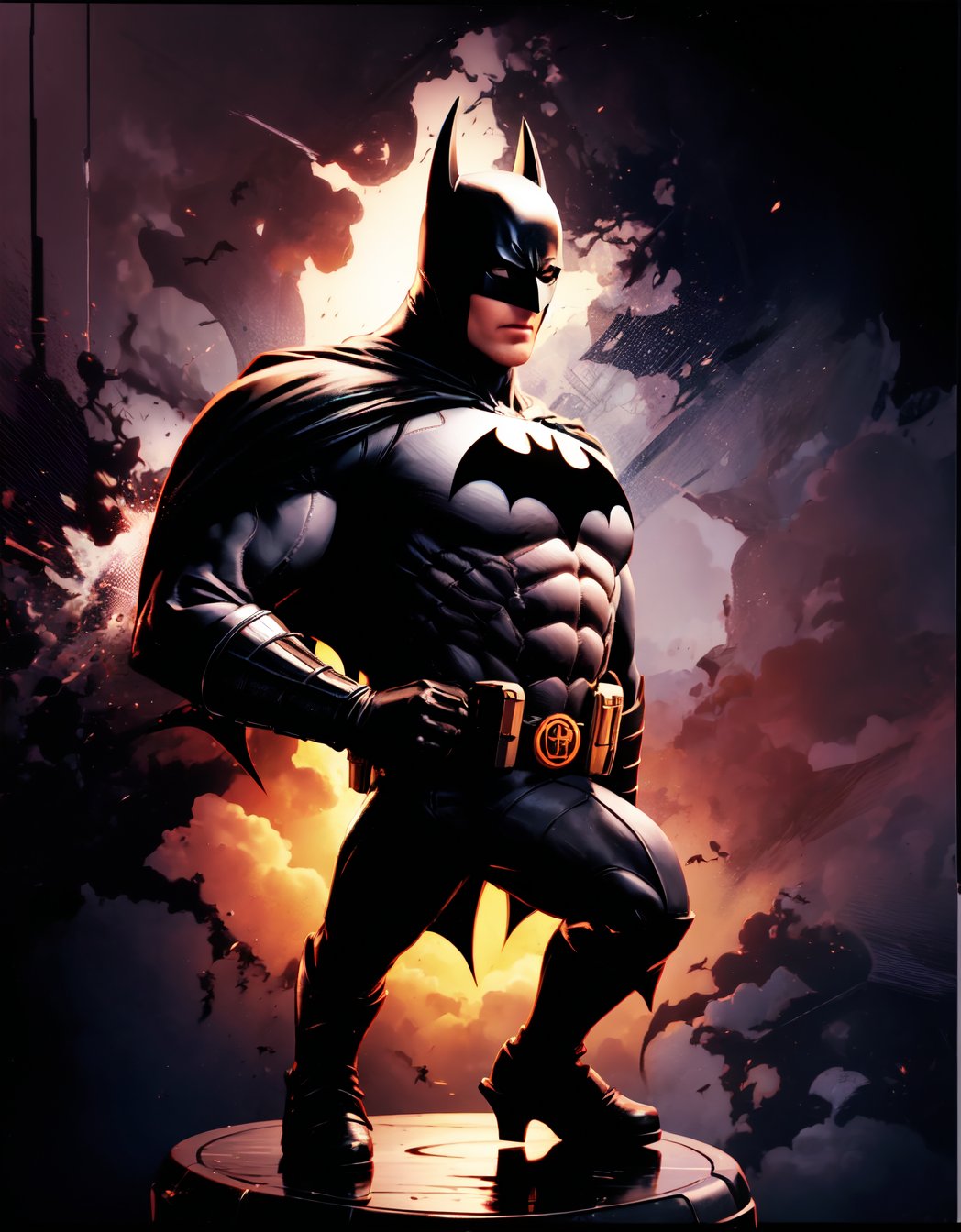 ((1 person)), Batman, small superhero, full body, chibi, 3D figure of Batman, Batman helmet, Batman in action, Great detail in the armor, Light details in the classic black armor, face detailed, beautiful eyes, official Batman uniform, Pose in action, dynamic pose, futuristic architecture, natural light at sunset, quality ((realistic)): 1.2), dynamic distance shooting, cinematic lighting, (In a children's room), (on a desk table), perfect composition, super detail, official art, masterpiece, (best) quality: 1.3), reflection, CG Unity 8K high resolution wallpaper, detailed background, masterpiece, (photorealistic): 1.2), random angle, side angle, chibi, full body, mikdef, imperial officer uniform, micro key chest,batman