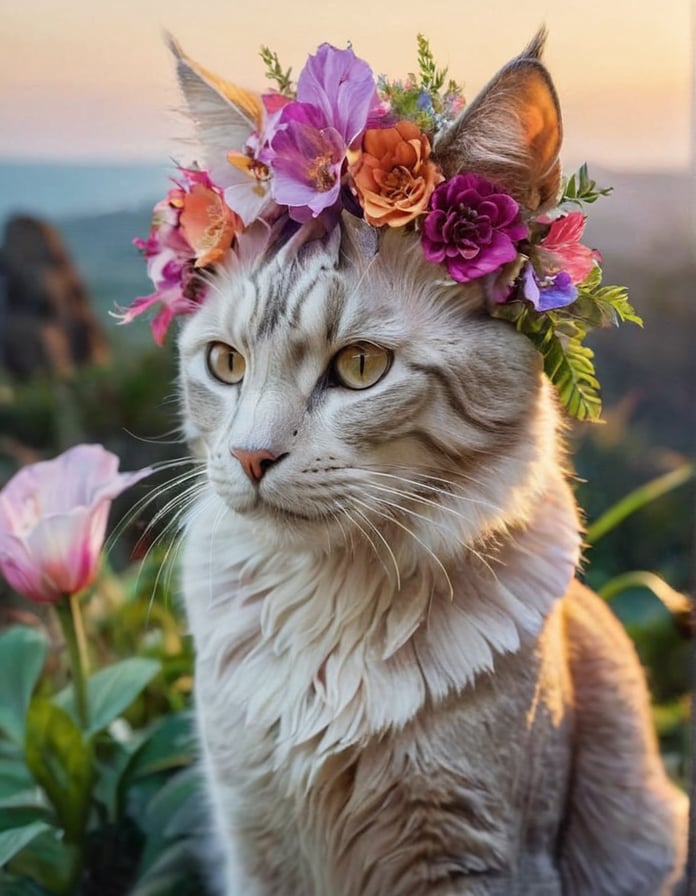 (Best quality), A (photographic shot) (Close up) of a majestic cat ((made completely of flowers)), (Composite and flower skull), perfect contrast, (ultra detailed), (hdr resolution), a wild environment is shown and with vegetation, with exotic tropical plants that shine in neon tones, rock formations in the distance. (Beautiful natural lighting) at dusk. The camera used is a high resolution DSLR with a 100mm macro lens to capture every detail of the flower petals. The photograph is (taken at a lower angle), with a (sharp focus) on its bright colors and the captivating landscape that surrounds it.