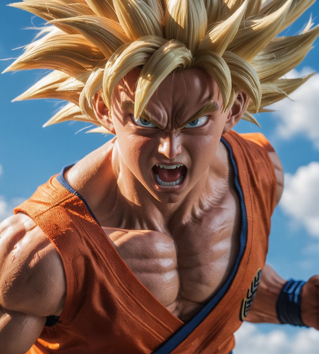 Hyper detailed photograph taken in "action" with Canon PowerShot G7 x Mark III, (dynamic pose), character from the "Dragon Ball" series Goku, (hyper realistic skin), hyper realistic blonde hair in super warrior mode, ultra realistic human style, (realistic cinema lighting), (looking towards the sky), perfect contrast colorful, ultra sharp, perfect human anatomy, professional focus, more detail XL,dragon ball