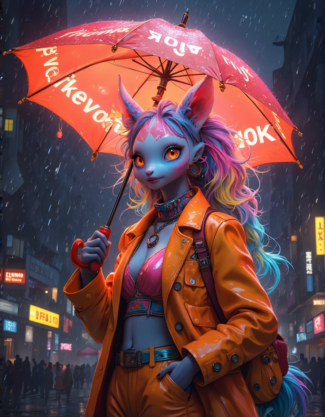 (masterpiece, artistic), (Hyper realism, ultra detailed), (top quality), a dynamic angle captures a fantastic and beautiful creature under a beautiful rain on an illuminated night. The creature has velvety and soft colorful hair, wearing a fluorescent suit with hyper-detailed colored accessories, holding an umbrella with the (text ("Thanks for 10K") lighting up). The scene is rendered in maximum sharpness, HDR, and UHD 8k, showcasing the intricate details and vibrant colors of the creature, suit, and illuminated umbrella.
