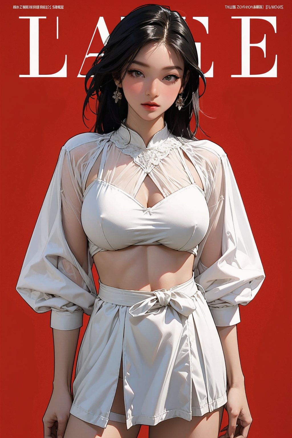 allure, lustful, 1girl, thigh up body, looking at viewer, translucent, intricate clothes, cutout clothes, cinematic lighting, hairstyle, magazine cover, red background, johyun