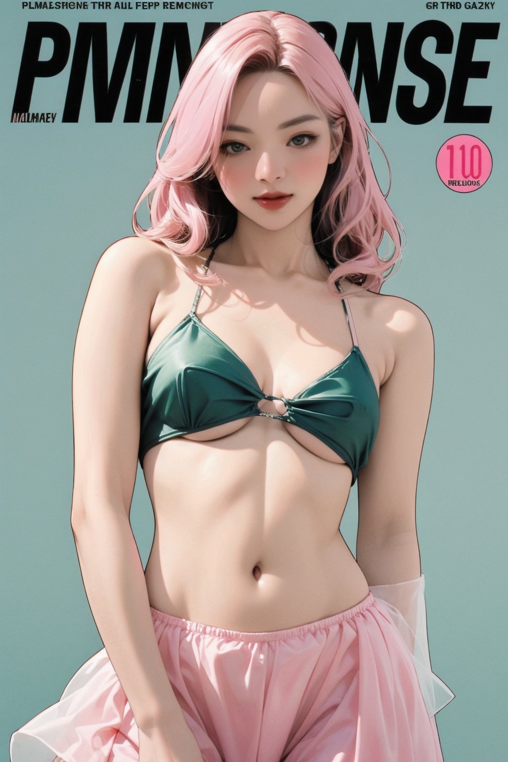 lustful, allure, sexy, 1girl, pink hair, thigh up body, detailed beautiful face, detailed beautiful eyes, looking at viewer, translucent, intricate clothes, cutout clothes, navel cutout, cinematic lighting, different hairstyle, magazine cover, green background, sim