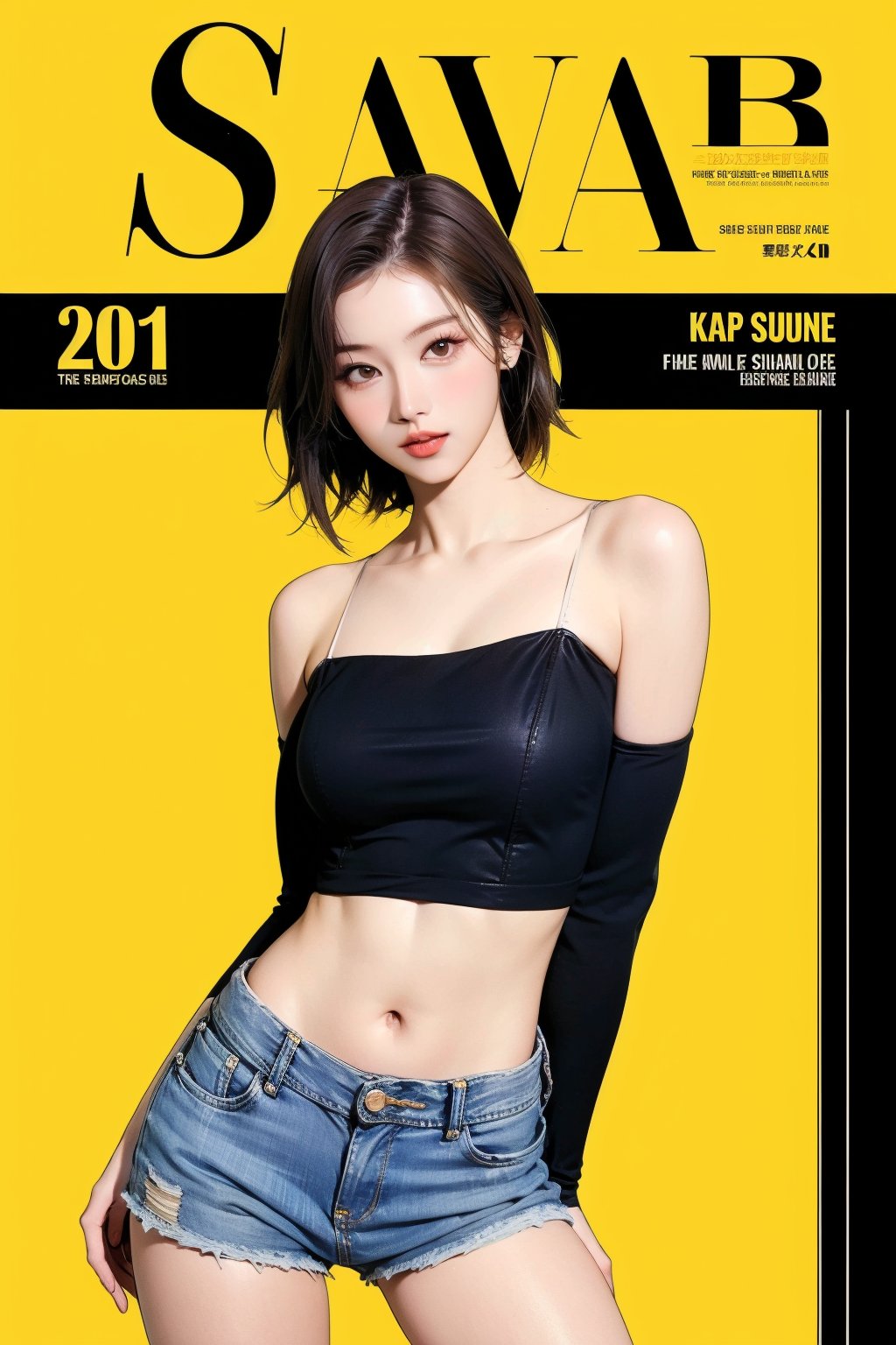 1girl, thigh up body, detailed clothes, kpop idol, croptop, wide_legs_jeans, looking at viewer, sharp focus, magazine cover, yellow background, ((outline,)) chimai, aespakarina,sanatw