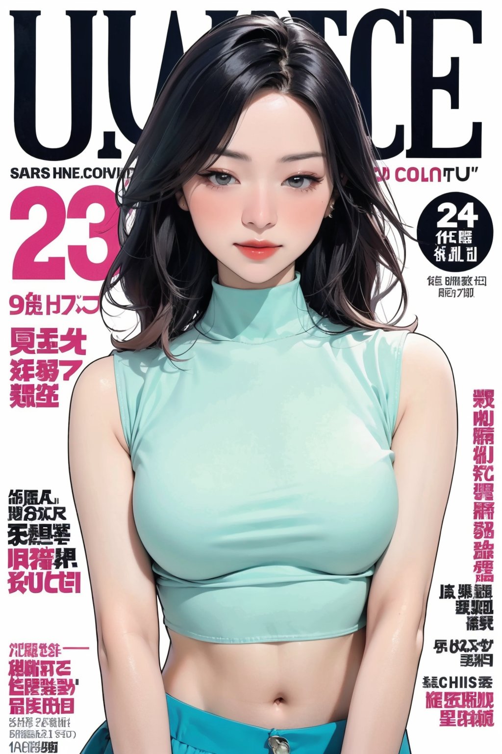 1girl, looking at viewer, styled clothes, turtle neck croptop, sleeveless, hairstyle, sharp focus, magazine cover, coloful background, 2D artstyle, outline, 

chimai,hine,hakil,yuong01,johyun