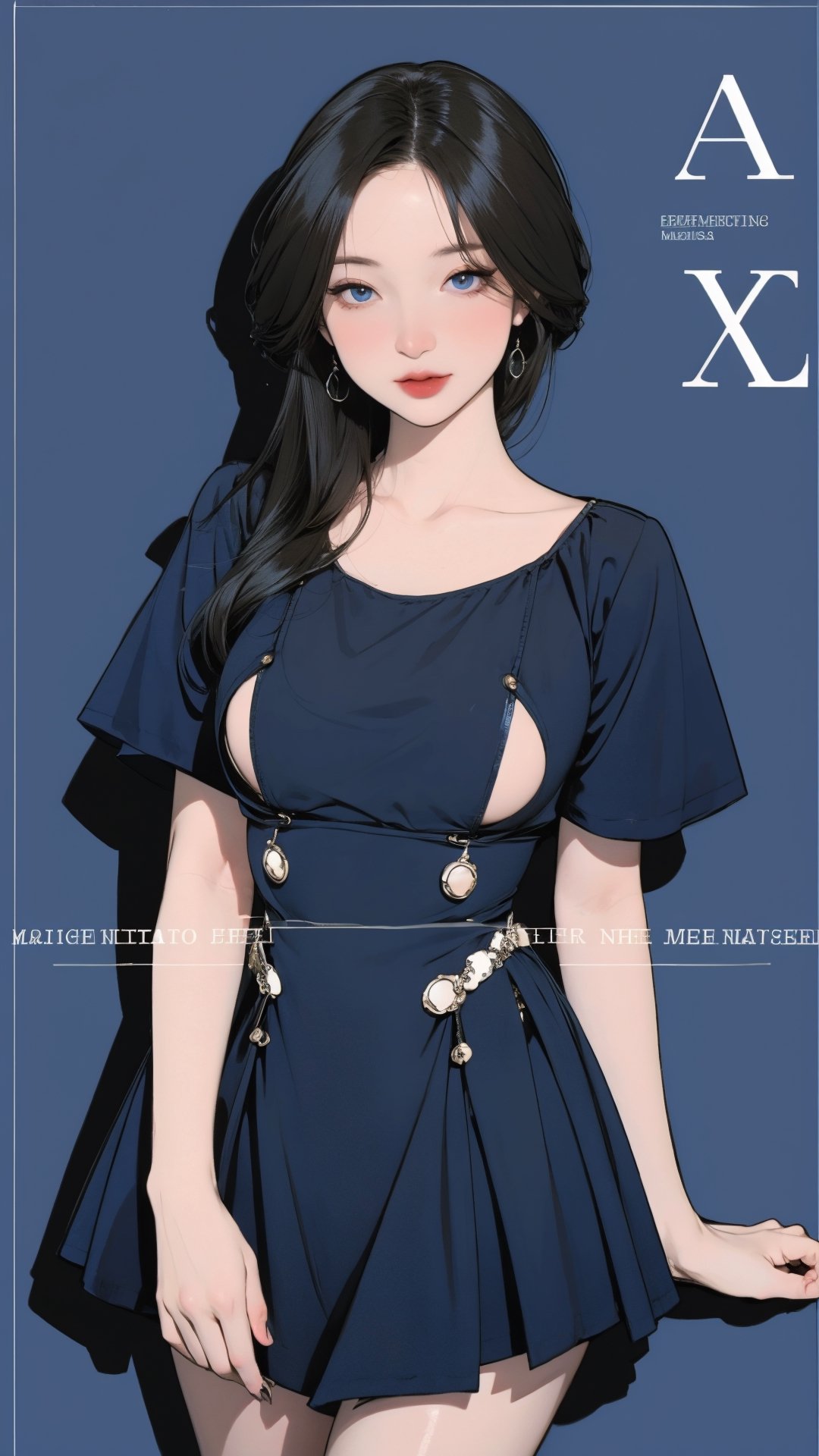 1girl, looking at viewer, thigh up body, stocking, earings, elegant, allure emotion, nsfw, blue background, hairstyle, styled clothes, cutout clothes, dynamic composition, ultra detailed, best quality, sharp focus, magazine cover, outline, 2D artstyle,aespakarina,htt