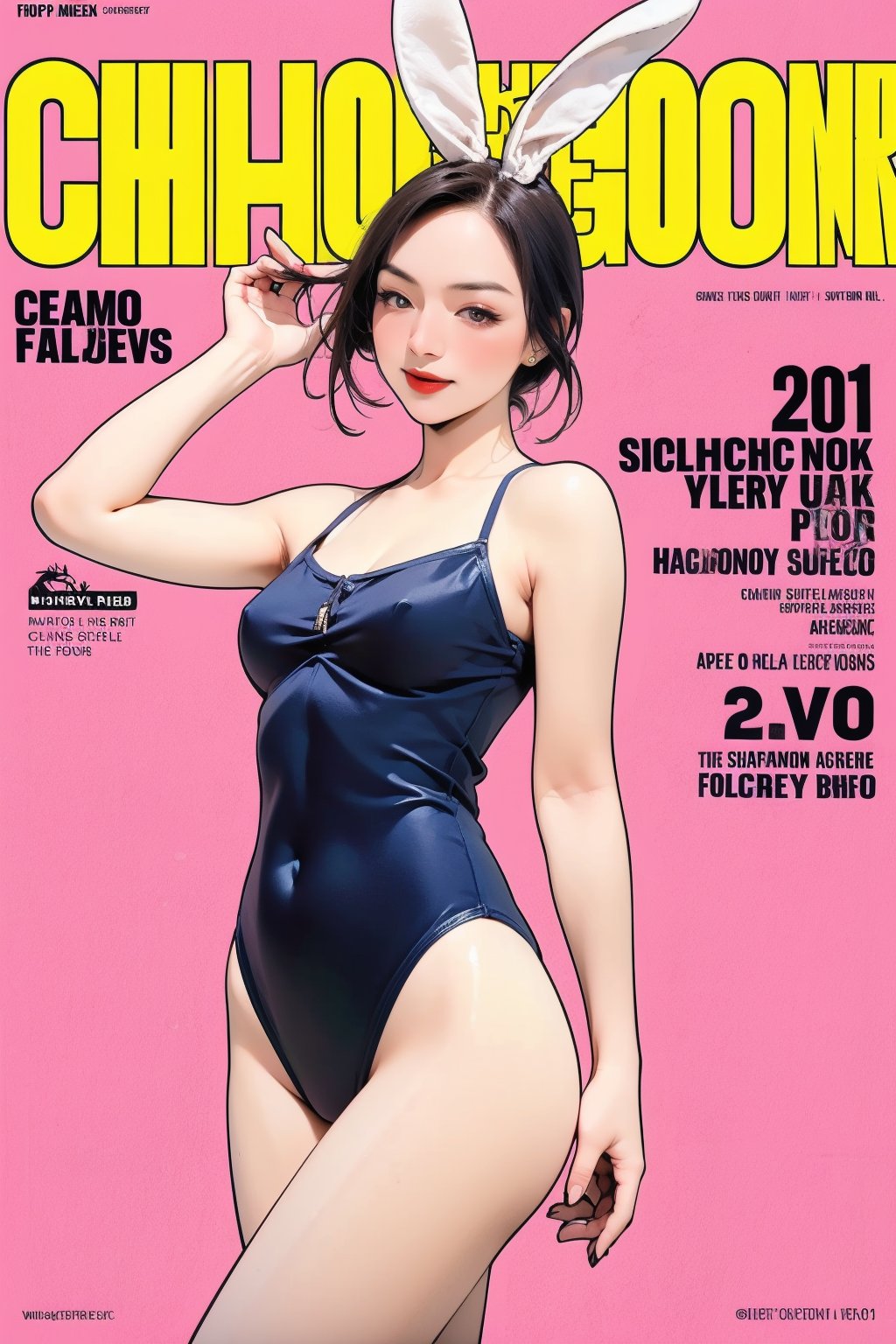 1girl, thigh up, mesh bunnyleotard, bunny ears, bunny tail, detailed clothes, looking at viewer, sharp focus, magazine cover, colorful background, outline, chimai,hakil