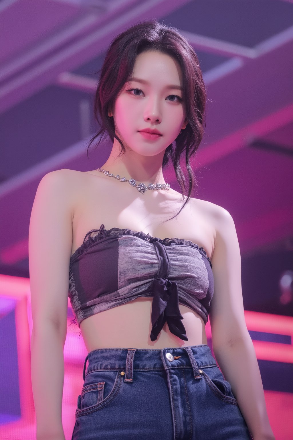 1girl, hip up body, kpop idol, styled shirt, standing, on stage, detailed clothes, looking at viewer, ultra detailed, beautiful face, natural lighting, magazine cover, 2.5D artstyle, best quality, masterpiece, aespakarina, straight camera angle, no pink lighting,