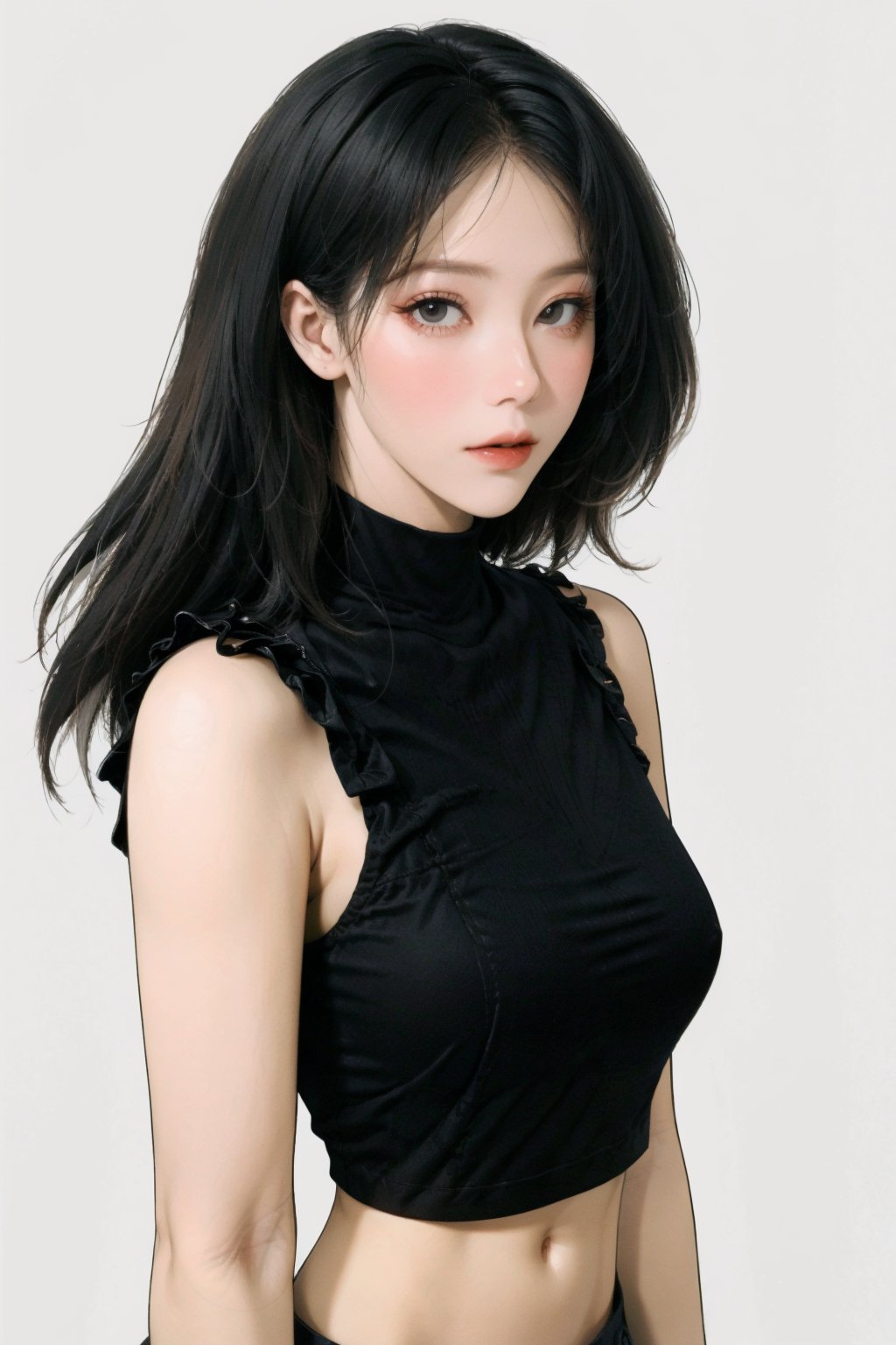 1girl, looking at viewer, styled clothes, turtle neck croptop, sleeveless, hairstyle, sharp focus, magazine cover, coloful background, 2D artstyle, outline, 

chimai,hine,hakil,yuong01,johyun