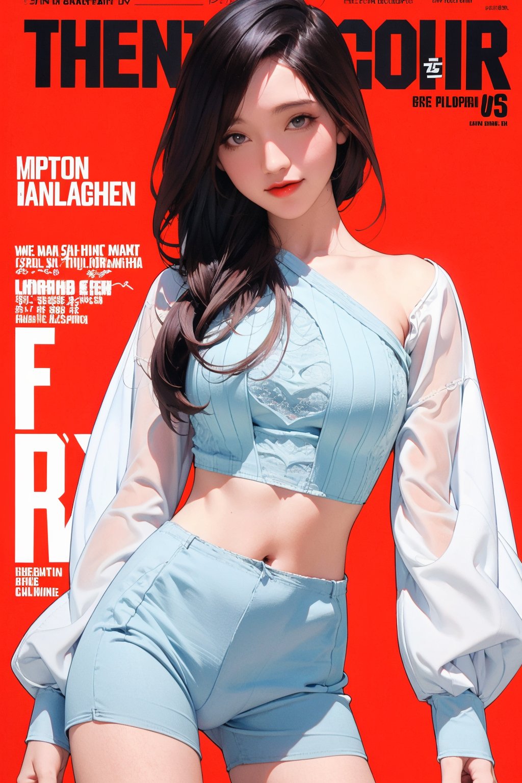 allure, lustful, 1girl, thigh up body, looking at viewer, translucent, intricate clothes, cutout clothes, ((blue white clothes)), cinematic lighting, hairstyle, magazine cover, red background, hakil