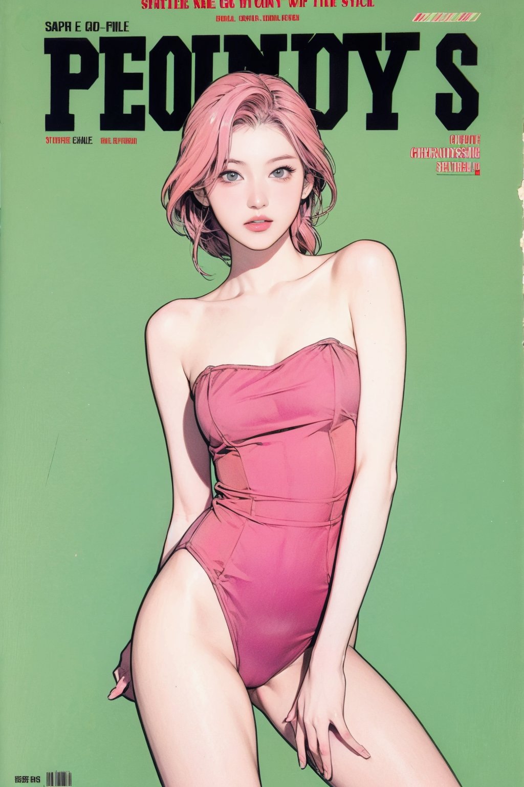 ((2D manga artstyle,)) pink hair, 1girl, thigh up body, playboy_bunny_leotard, looking at viewer, sanatw, magazine cover, cinematic angle, cinematic composition, green background,