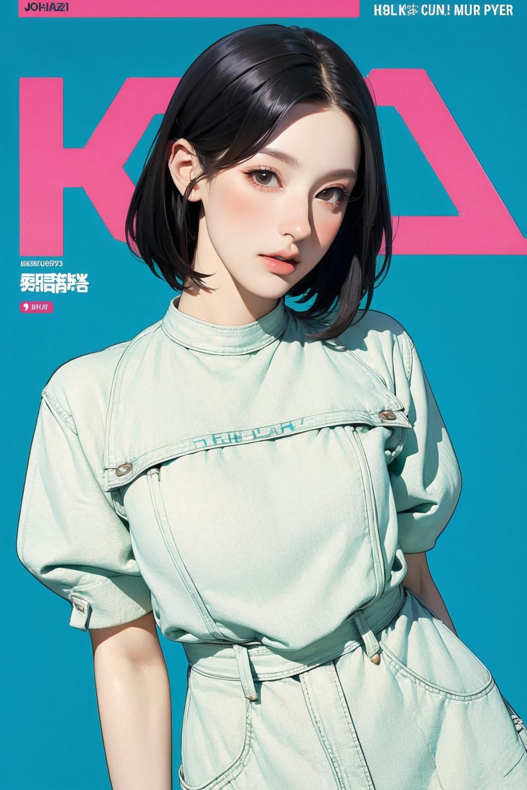 1girl, thigh up body, looking at viewer, styled clothes, sharp focus, magazine cover, coloful background, 2D artstyle, outline, 

chimai,hine,hakil,yuong01,johyun,sim,haohaoulz,kn,htt,minatw