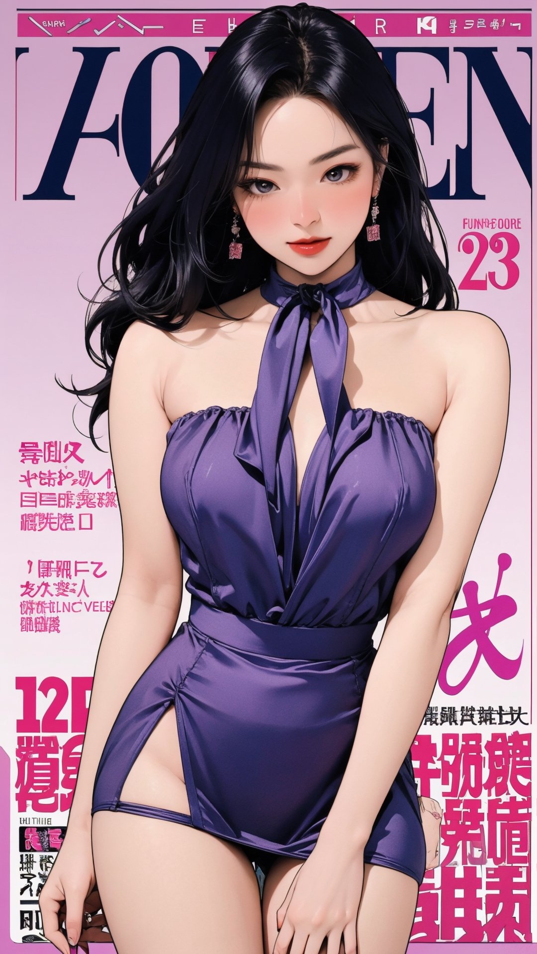 1girl, looking at viewer, thigh up body, stocking, earings, elegant, blush, lustful emotion, nsfw, purple background, hairstyle, styled clothes, cutout clothes, dynamic composition, ultra detailed, best quality, sharp focus, magazine cover, outline, 2D artstyle,aespakarina,htt,sim