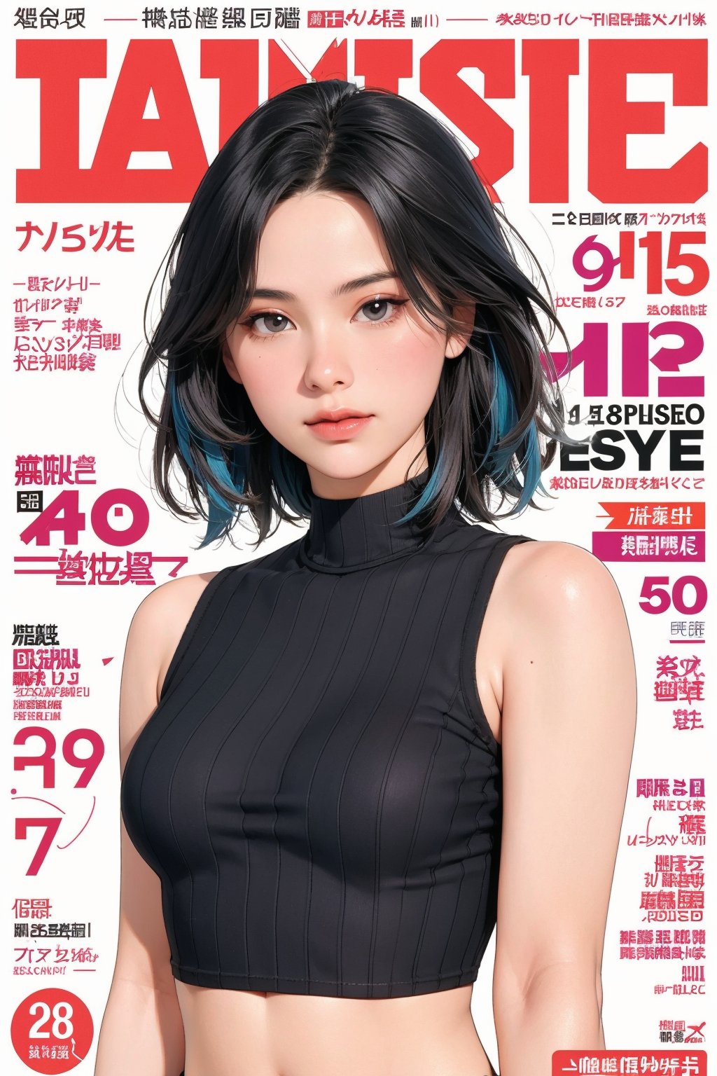 1girl, looking at viewer, styled clothes, turtle neck croptop, sleeveless, hairstyle, sharp focus, magazine cover, coloful background, 2D artstyle, outline, 

chimai,hine,hakil,yuong01