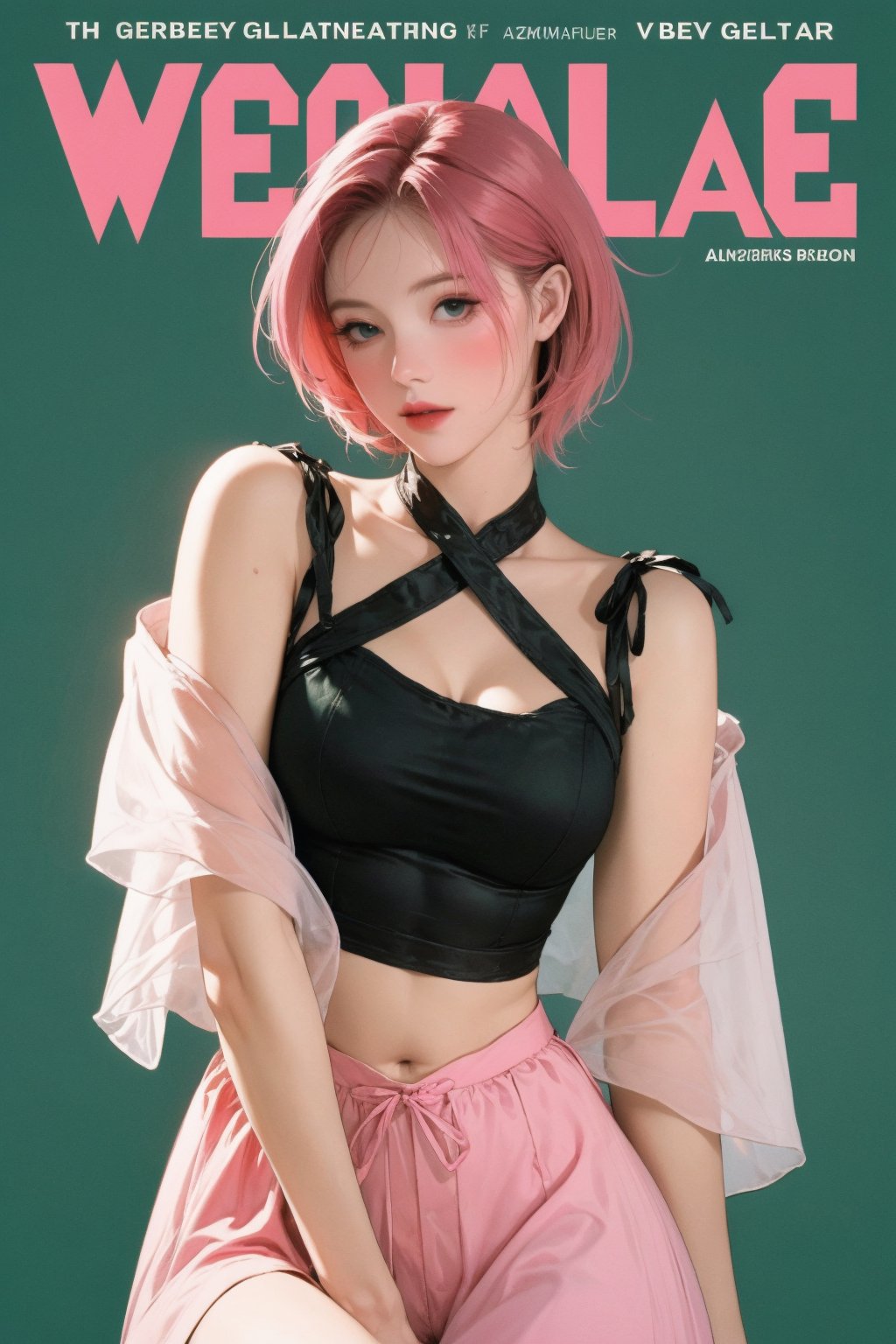 lustful, allure, sexy, 1girl, pink hair, thigh up body, looking at viewer, translucent, intricate clothes, cutout clothes, cinematic lighting, different hairstyle, magazine cover, green background,  kmiu