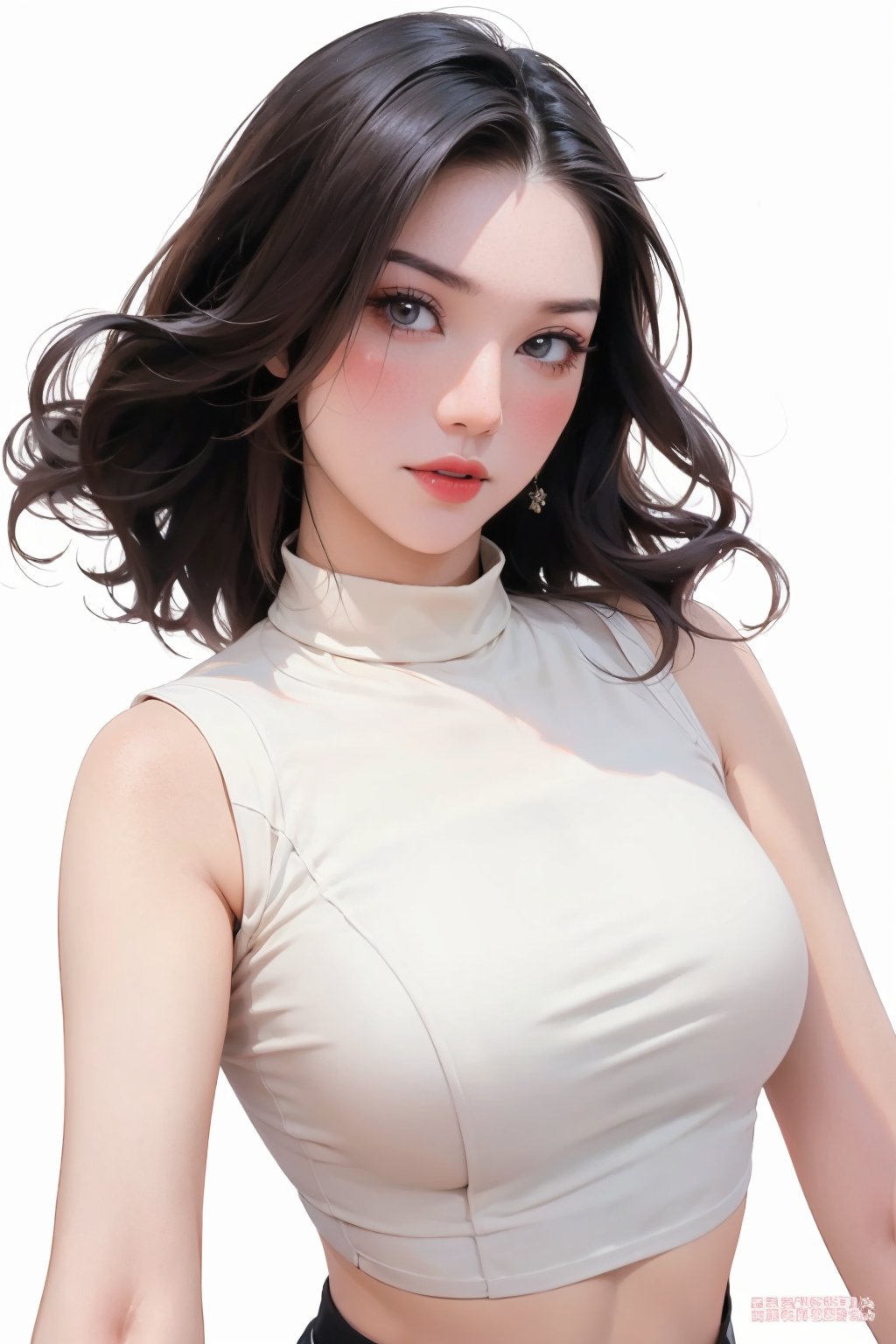 1girl, looking at viewer, styled clothes, turtle neck croptop, sleeveless, hairstyle, sharp focus, magazine cover, coloful background, 2D artstyle, outline, 

chimai,hine,hakil,yuong01,johyun,sim,haohaoulz,kn,htt