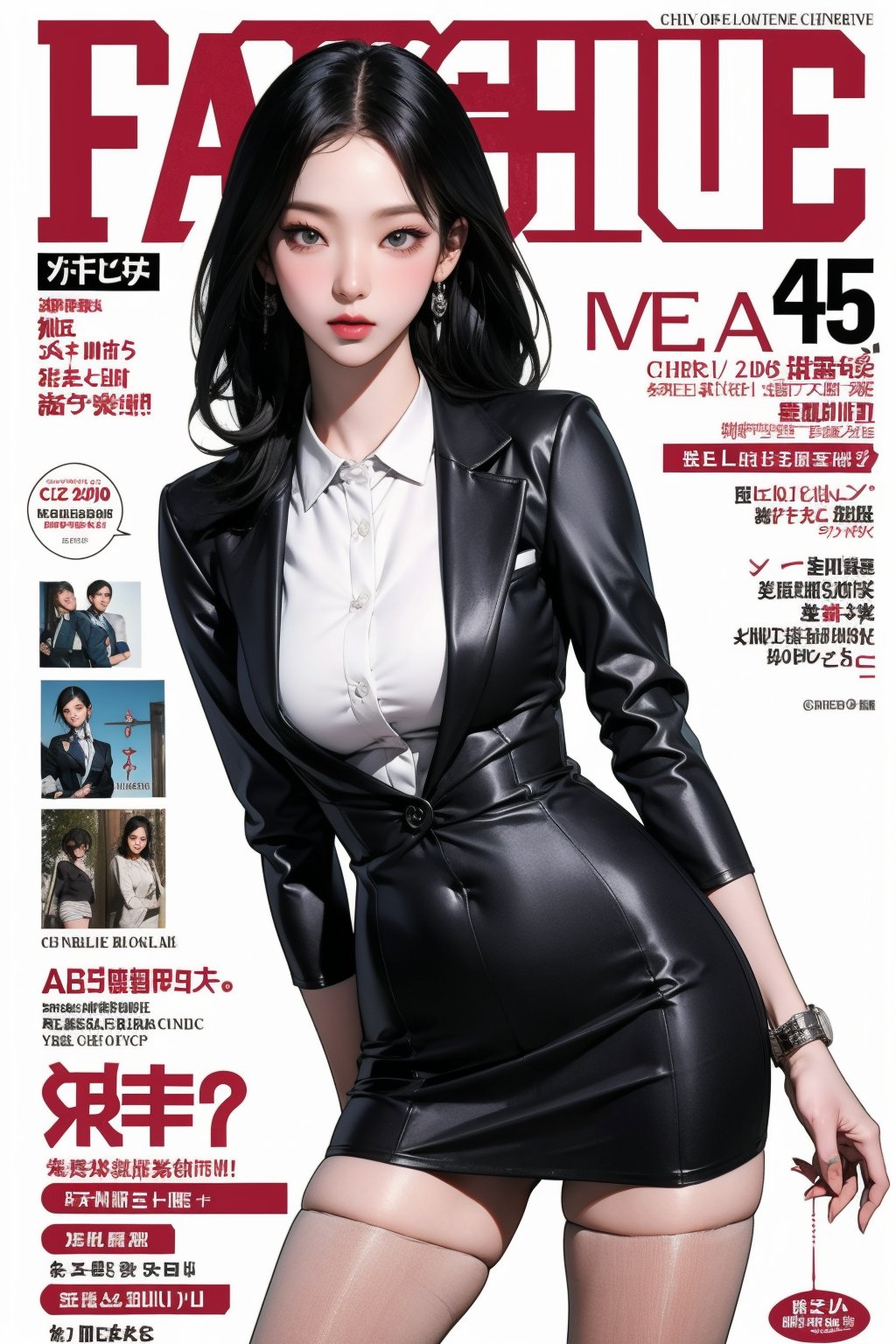 allure, 1girl, flight attendant, thigh up body, styled detailed clothes, looking at viewer, sharp focus, magazine cover, chimai,