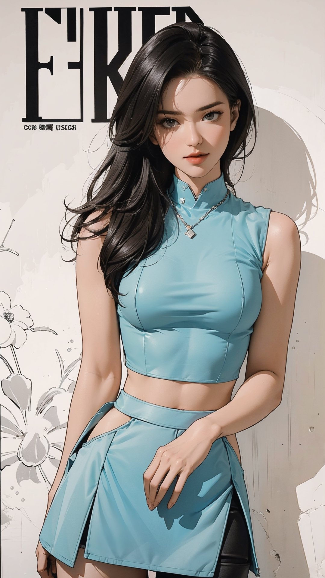 1girl, looking at viewer, thigh up body, sexy and elegant, cyan background, hairstyle, dynamic composition, styled clothes, cutout clothing, ((sleeveless croptop, miniskirt,)) ultra detailed, best quality, sharp focus, aespakarina, magazine cover, outline, 2D art, chimai,htt,sim,huondey,kn