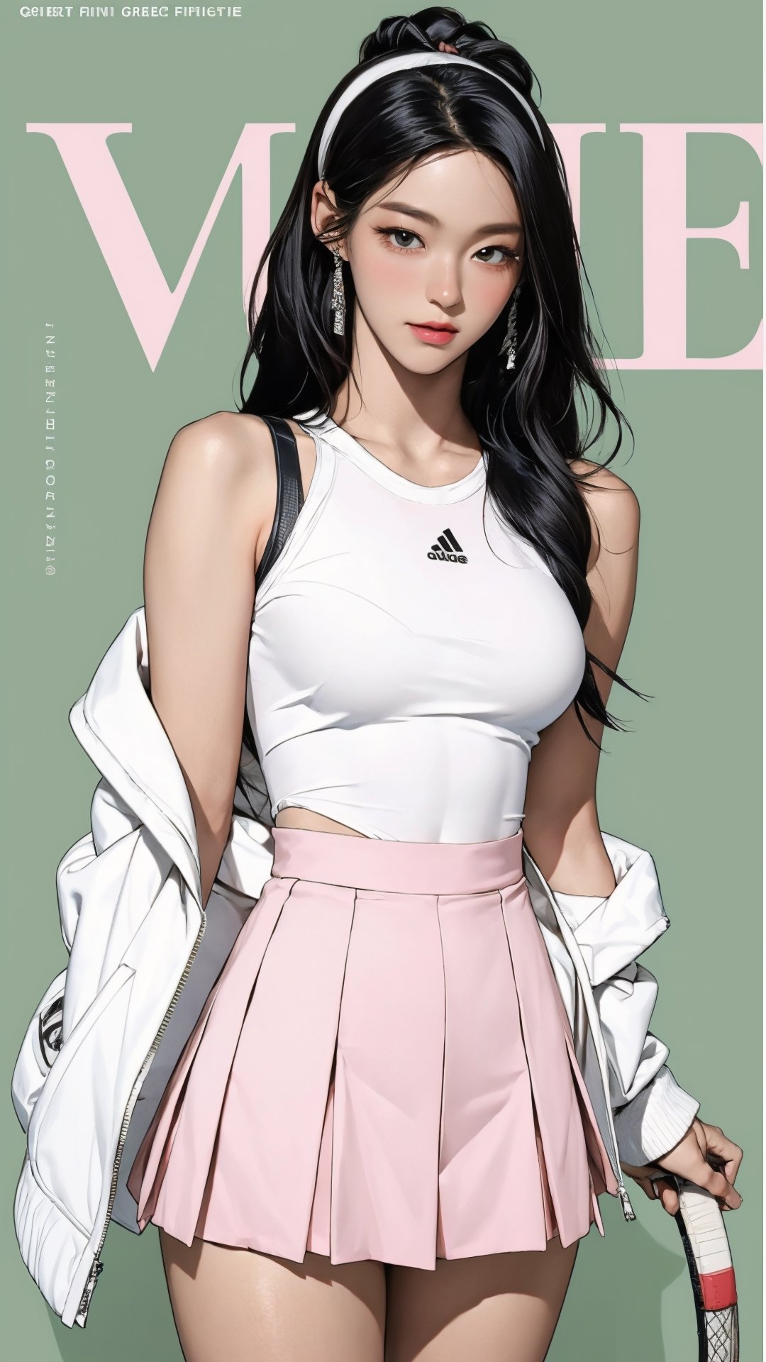 1girl, standing, thigh up body, hairband, ((looking at viewer, tennis girl outfit,)) 2D artstyle, magazine cover, outline, earings, blush, green background, hairstyle, ultra detailed, best quality, sharp focus, kmiu,sim,haohaoulz,aespawinter,huondey,seolhuyn