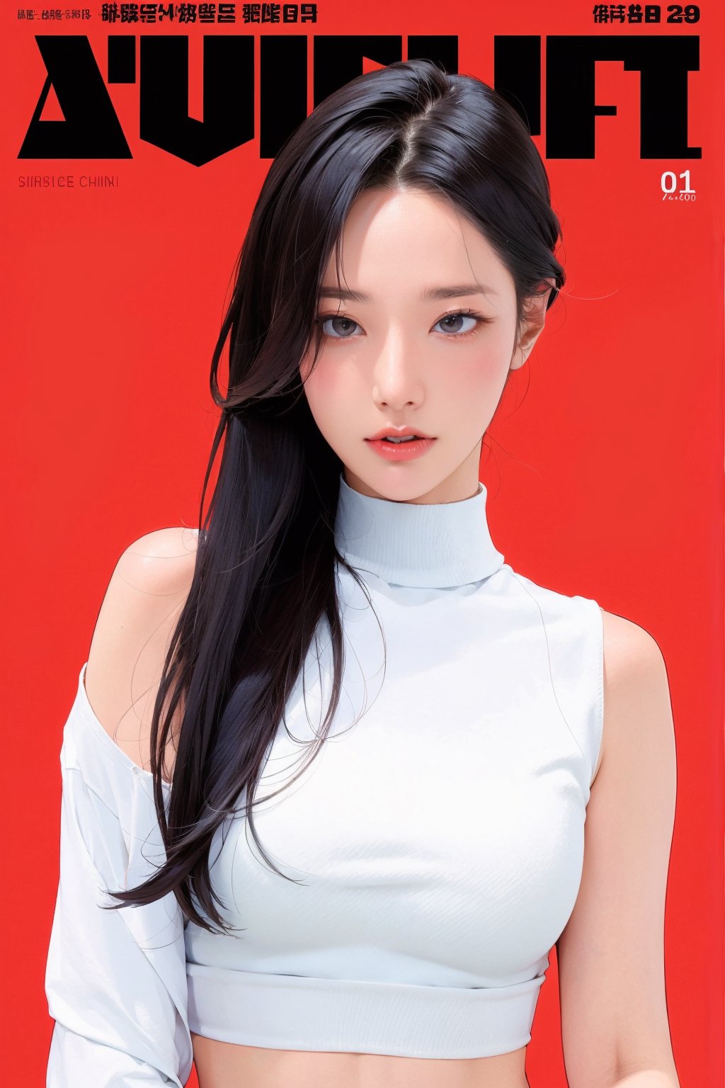 1girl, looking at viewer, styled clothes, turtle neck croptop, sleeveless, hairstyle, sharp focus, magazine cover, coloful background, 2D artstyle, outline, 

chimai,hine,hakil,yuong01,johyun