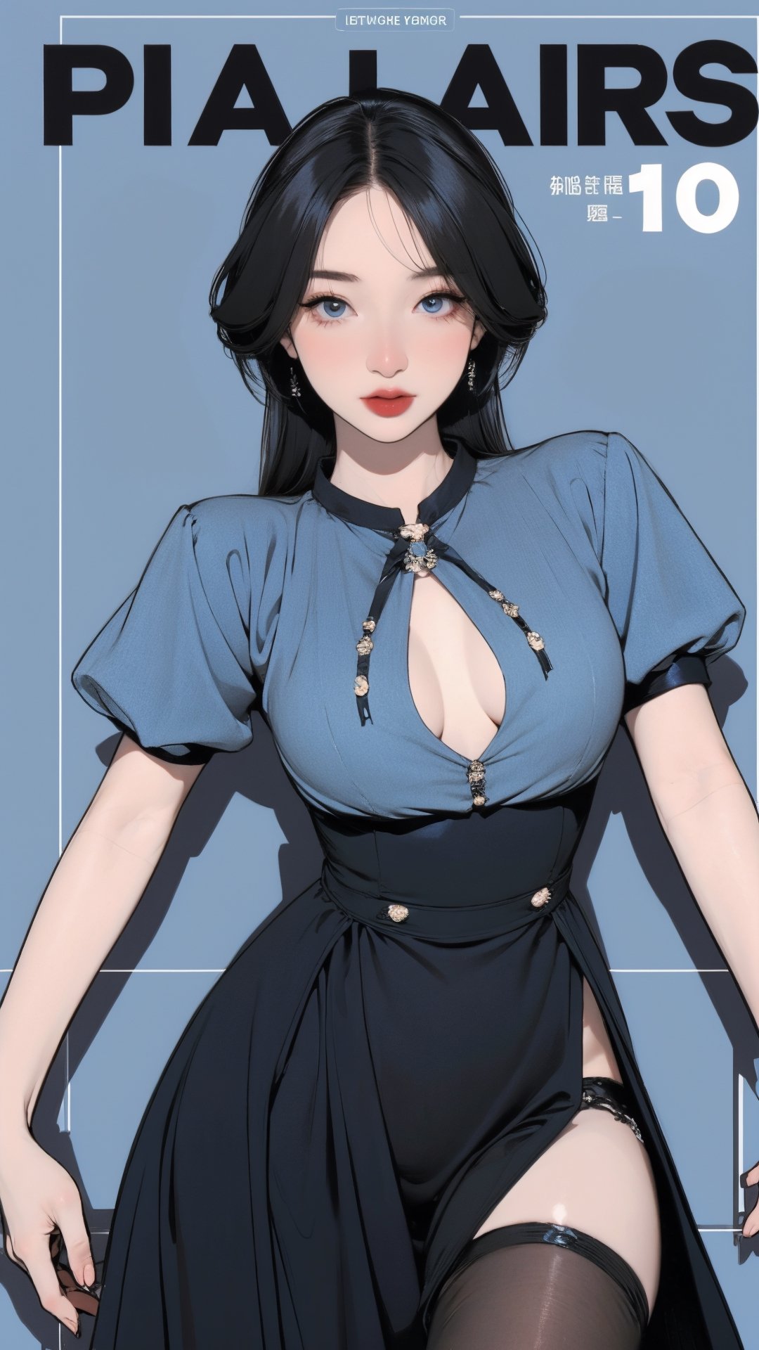 1girl, looking at viewer, thigh up body, stocking, earings, elegant and allure expression, nsfw, blue background, hairstyle, styled clothes, cutout clothes, dynamic composition, ultra detailed, best quality, sharp focus, magazine cover, outline, 2D artstyle,aespakarina,htt