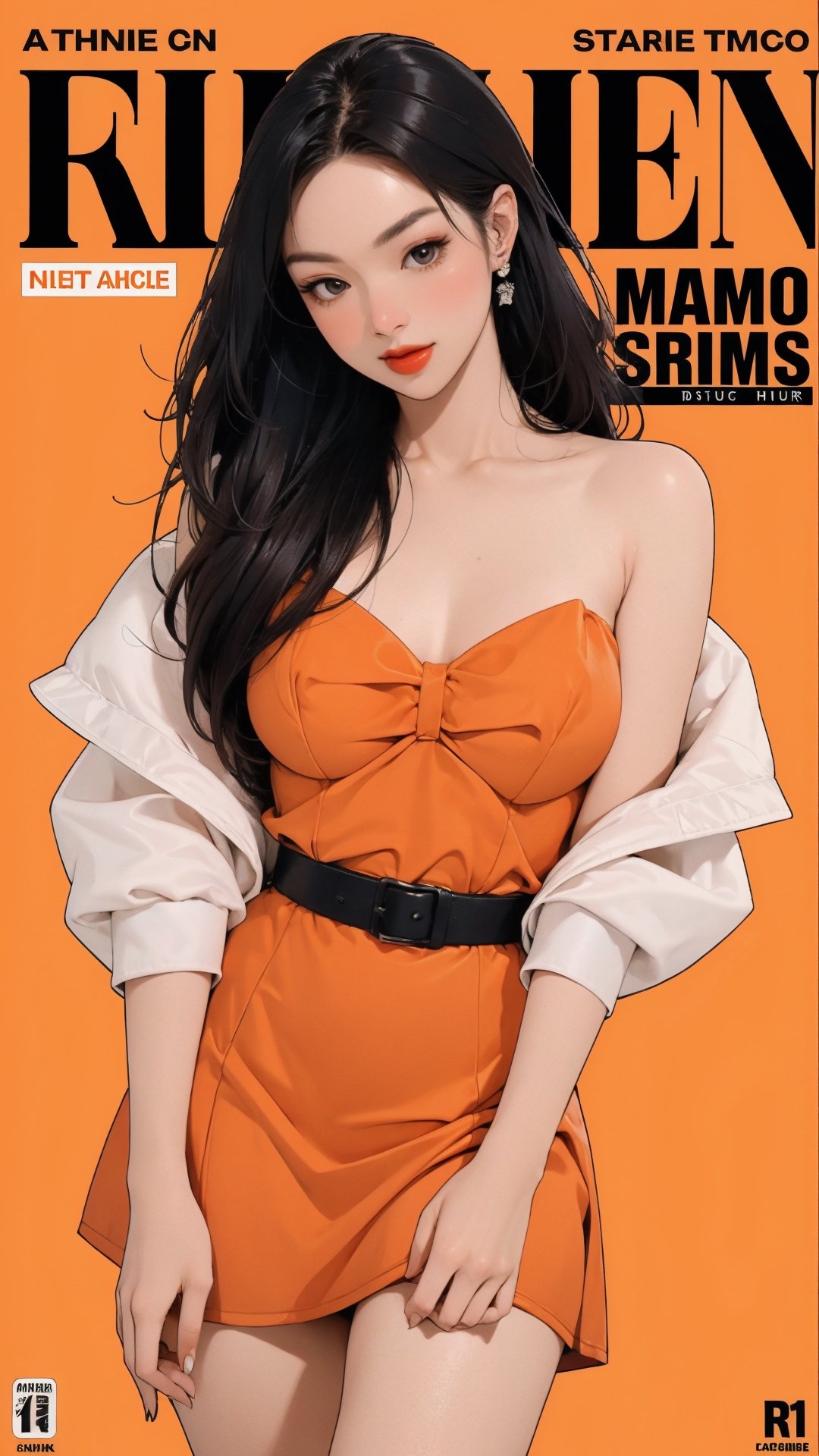 1girl, looking at viewer, thigh up body, stocking, earings, elegant, allure emotion, nsfw, orange background, hairstyle, styled clothes, cutout clothes, dynamic composition, ultra detailed, best quality, sharp focus, magazine cover, outline, 2D artstyle,aespakarina,htt,sim