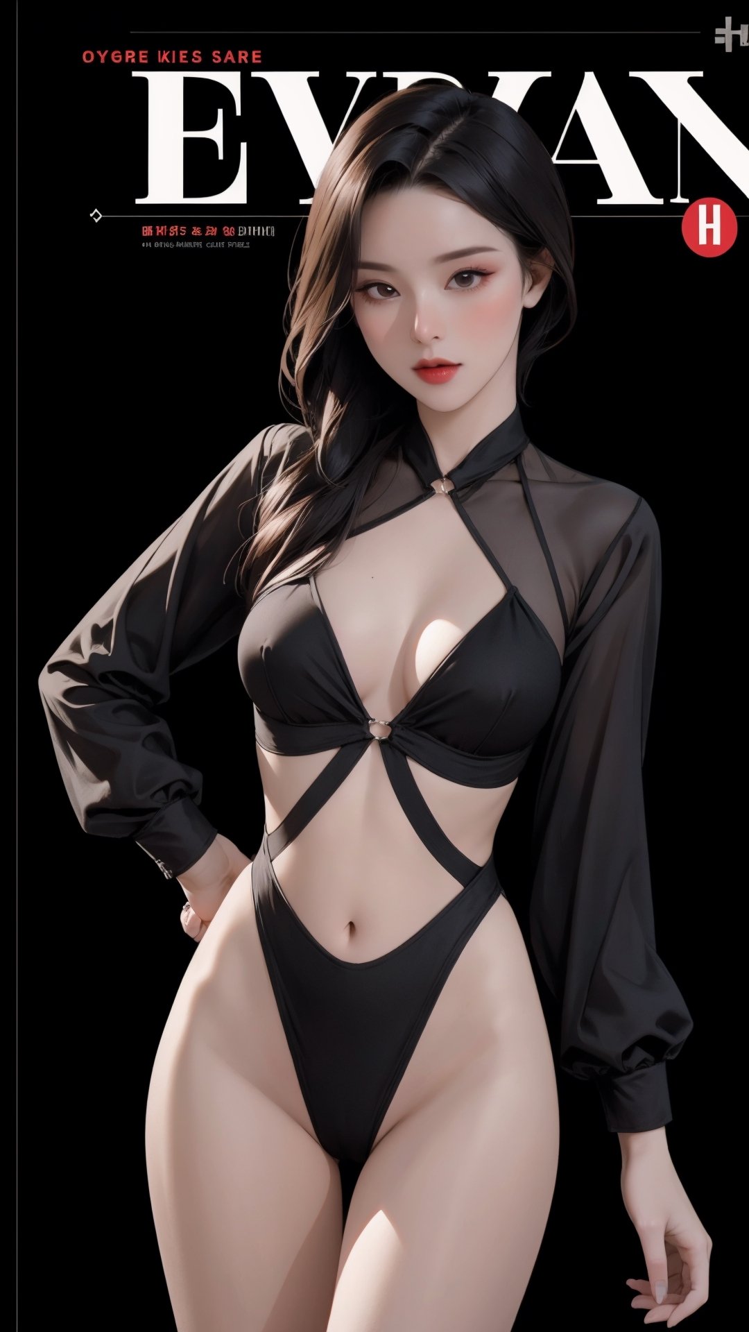 1girl, looking at viewer, thigh up body, sexy and elegant, black background, cutout clothing, hairstyle, cinematic composition, styled clothes,  ultra detailed, best quality, sharp focus, magazine cover, outline, 2D artstyle, htt,haohaoulz