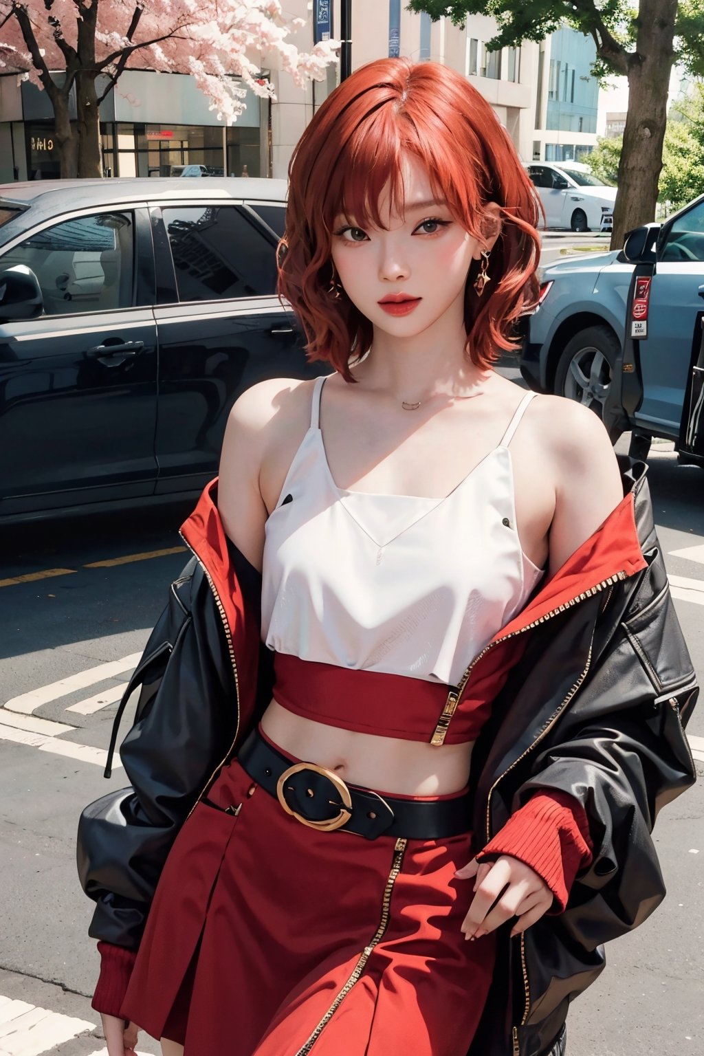 1girl, singer, idol, looking at viewer, styled croptop, short red hair, hair bangs, long sleeves, skirt, high quality, ultra detailed, highres, 8k, accurate color reproduction, best quality, photo by Canon 5d, 50mm ZEISS lens, sharp focus, natural lighting, wide angle, magazine cover, aespakarina,sanatw,aespawinter