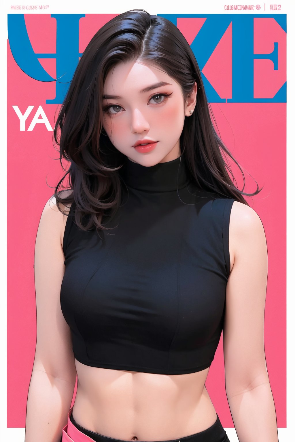 1girl, looking at viewer, styled clothes, turtle neck croptop, sleeveless, hairstyle, sharp focus, magazine cover, coloful background, 2D artstyle, outline, 

chimai,hine,hakil,yuong01,johyun,sim,haohaoulz,kn,htt