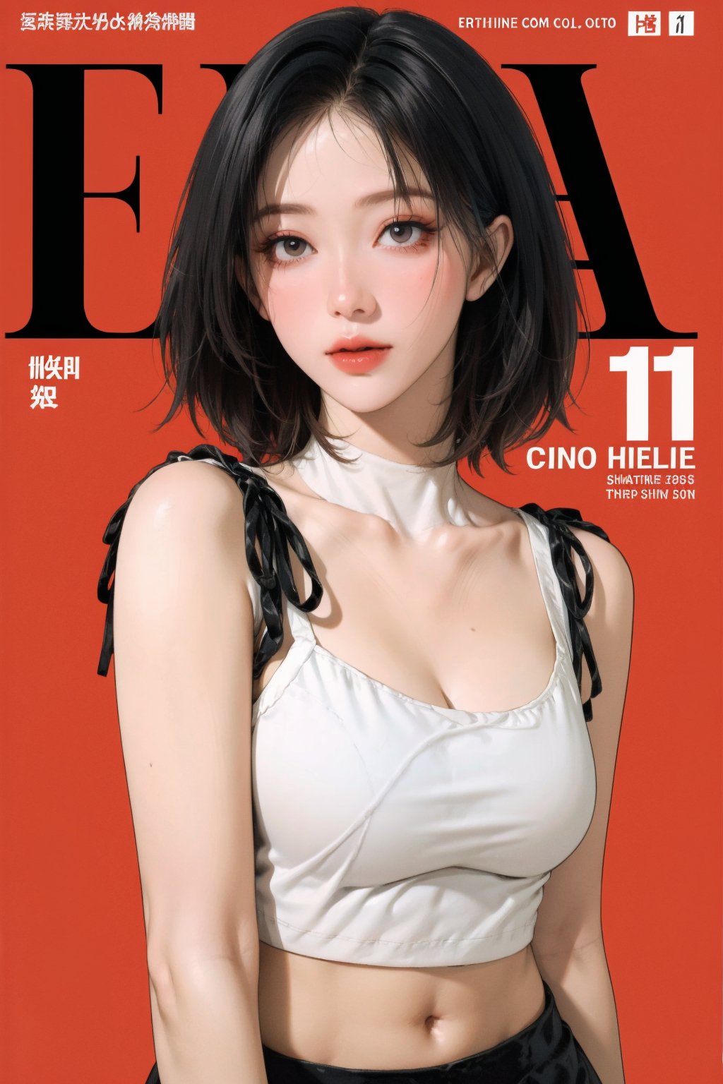 1girl, looking at viewer, styled clothes, turtle neck croptop, sleeveless, hairstyle, sharp focus, magazine cover, coloful background, 2D artstyle, outline, 

chimai,hine,hakil,yuong01,johyun