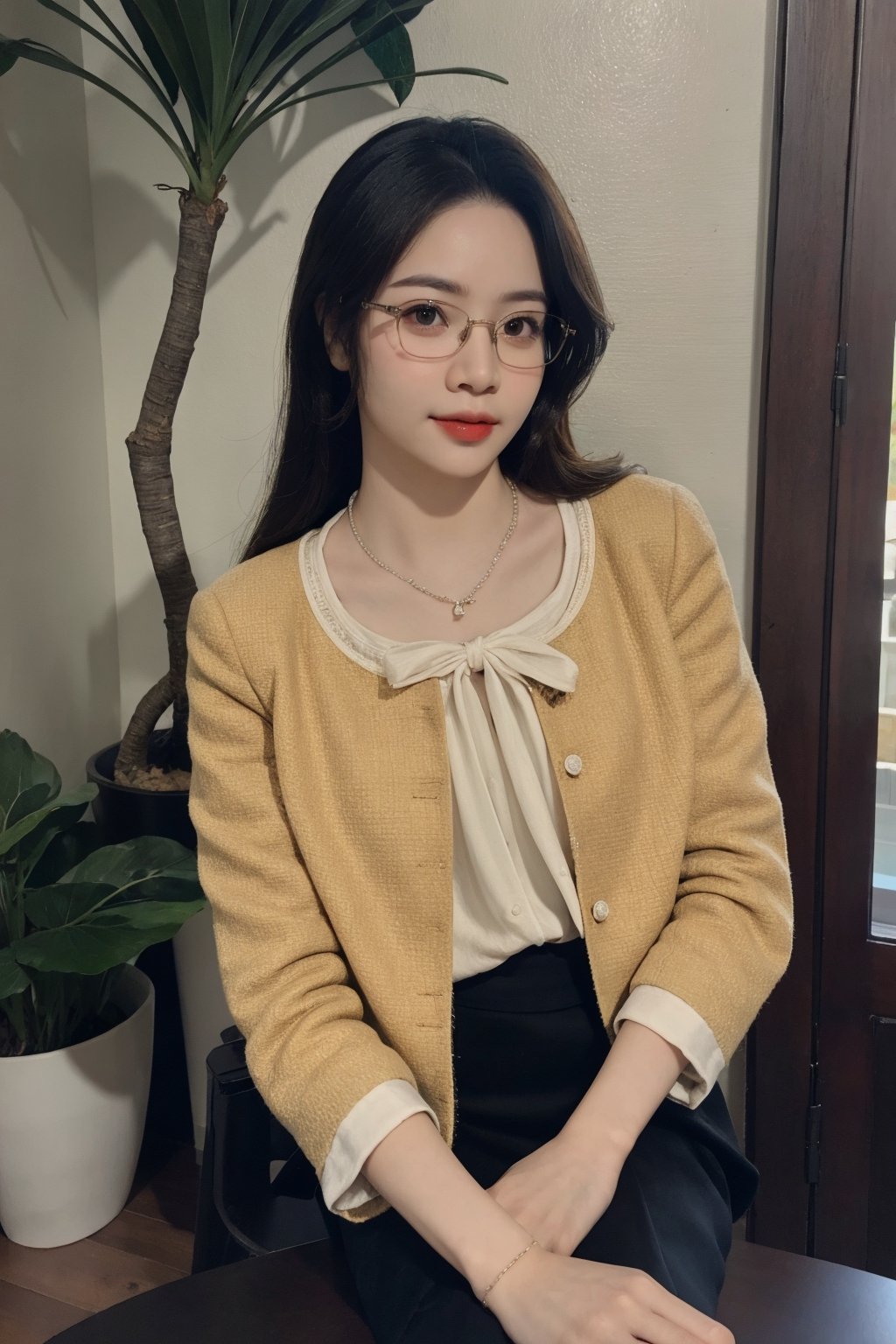 ((styled clothes, looking straight at viewer,)) necklace, eyeglasses, 1girl, ultra detailed, best quality, sharp focus, natural lighting, huondey,