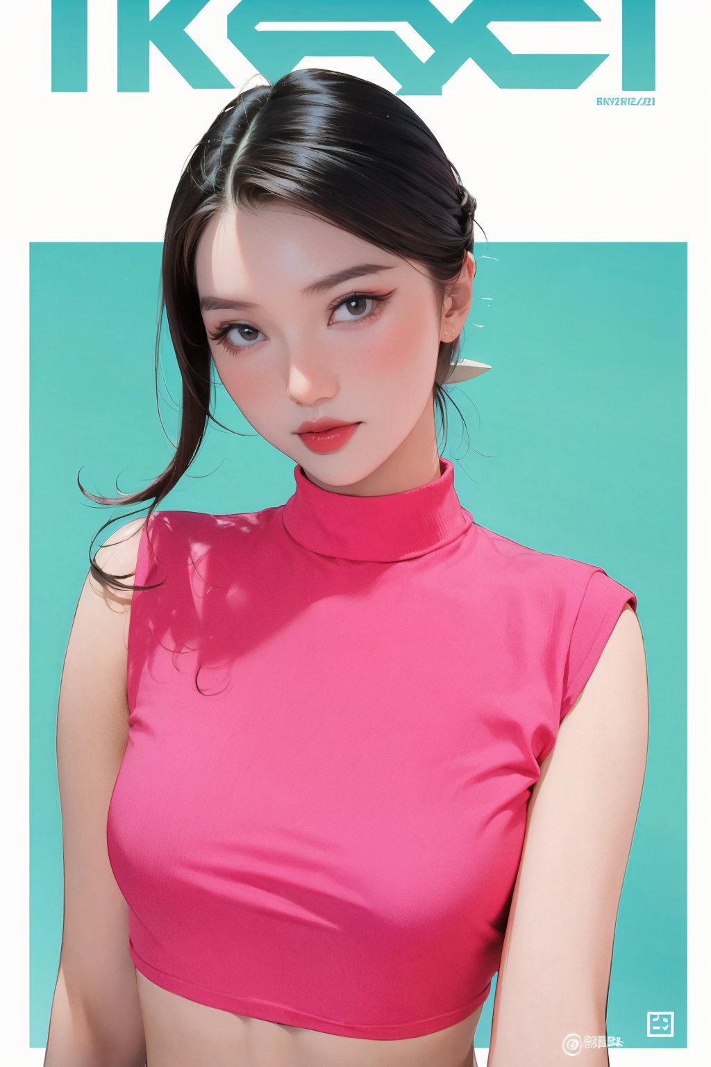 1girl, looking at viewer, styled clothes, turtle neck croptop, sleeveless, hairstyle, sharp focus, magazine cover, coloful background, 2D artstyle, outline, 

chimai,hine,hakil,yuong01,johyun,sim,haohaoulz,kn,htt