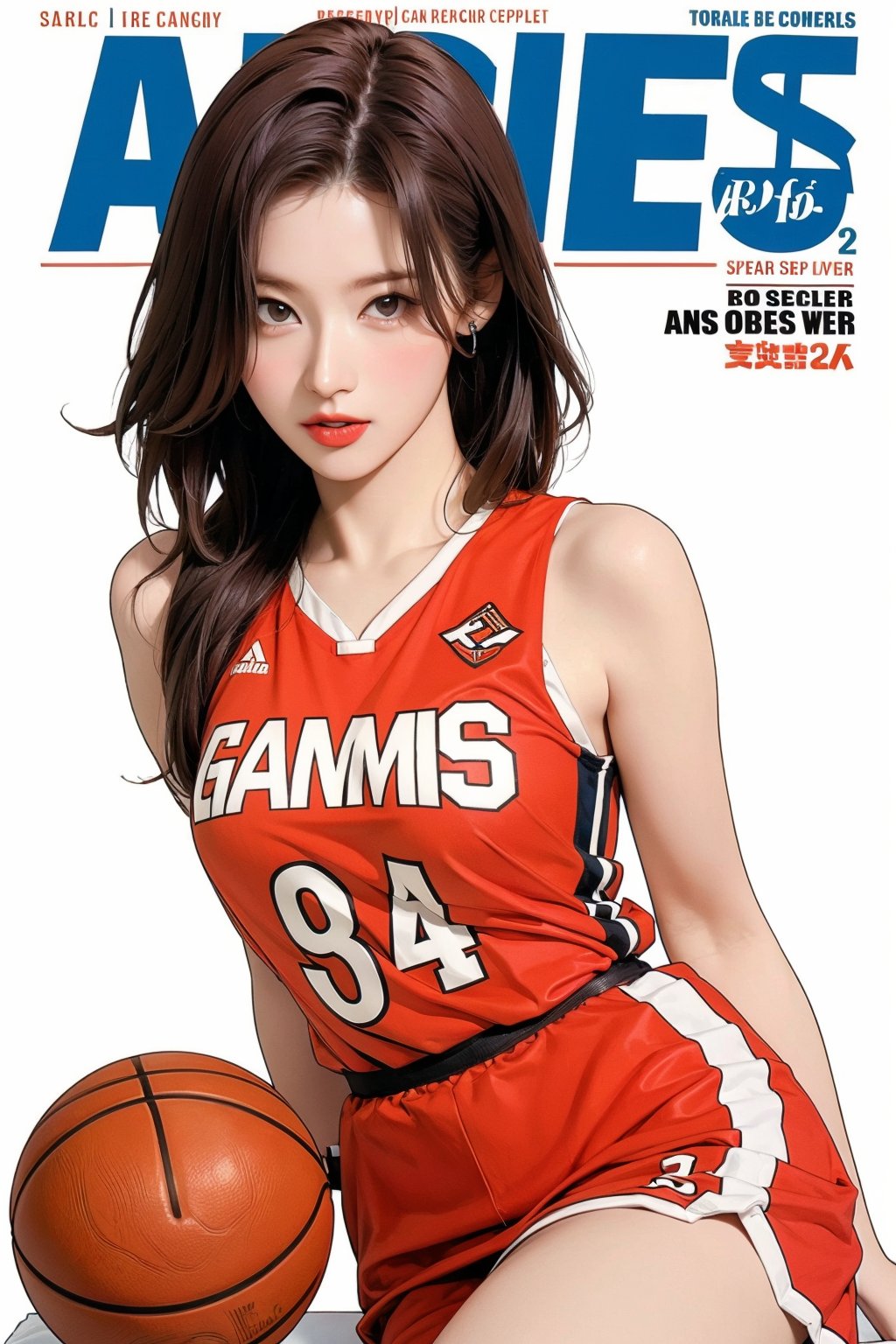 1girl, thigh up body, basketball girl outfit, looking at viewer, detailed clothes, earrings, sanatw, magazine cover, dynamic angle,