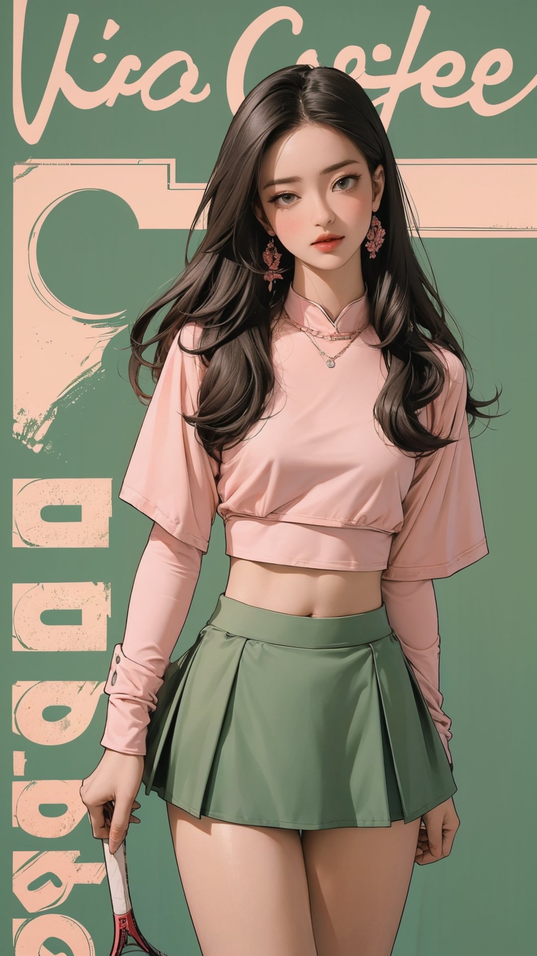 1girl, standing, thigh up body, ((looking at viewer, tennis girl outfit, miniskirt, midriff,)) 2D artstyle, magazine cover, outline, earings, blush, green background, hairstyle, ultra detailed, best quality, sharp focus,rosé,jisoo,shuhua,kn